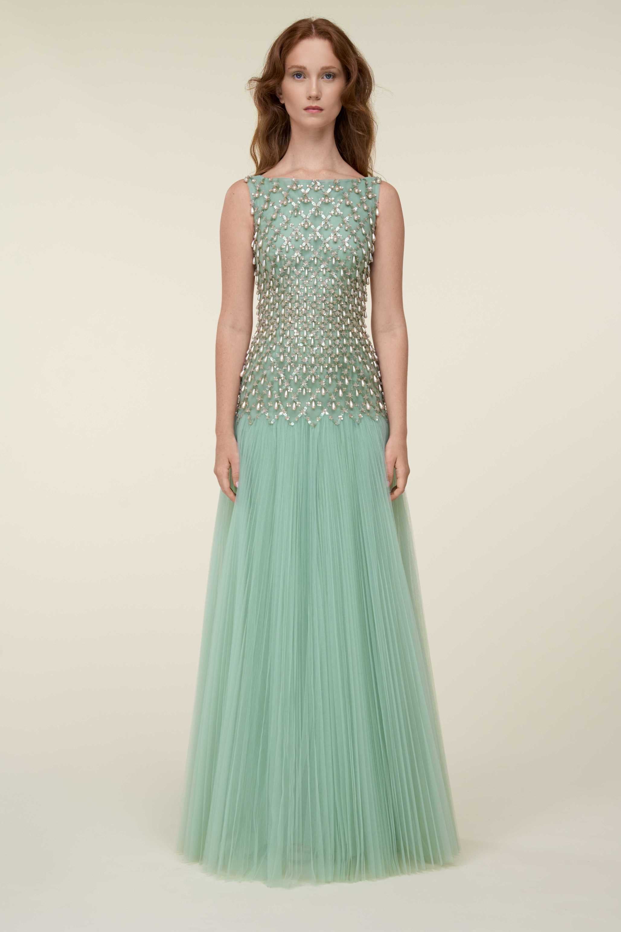 Fully Beaded Gown With Pleated Tulle Skirt.