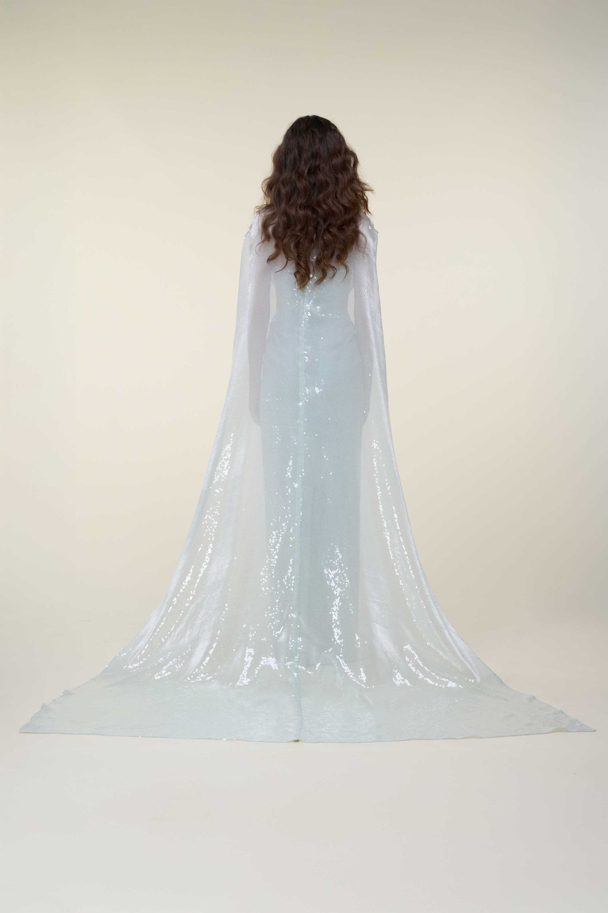 Tubino Gown With Overlap Sequined Draped Cape.