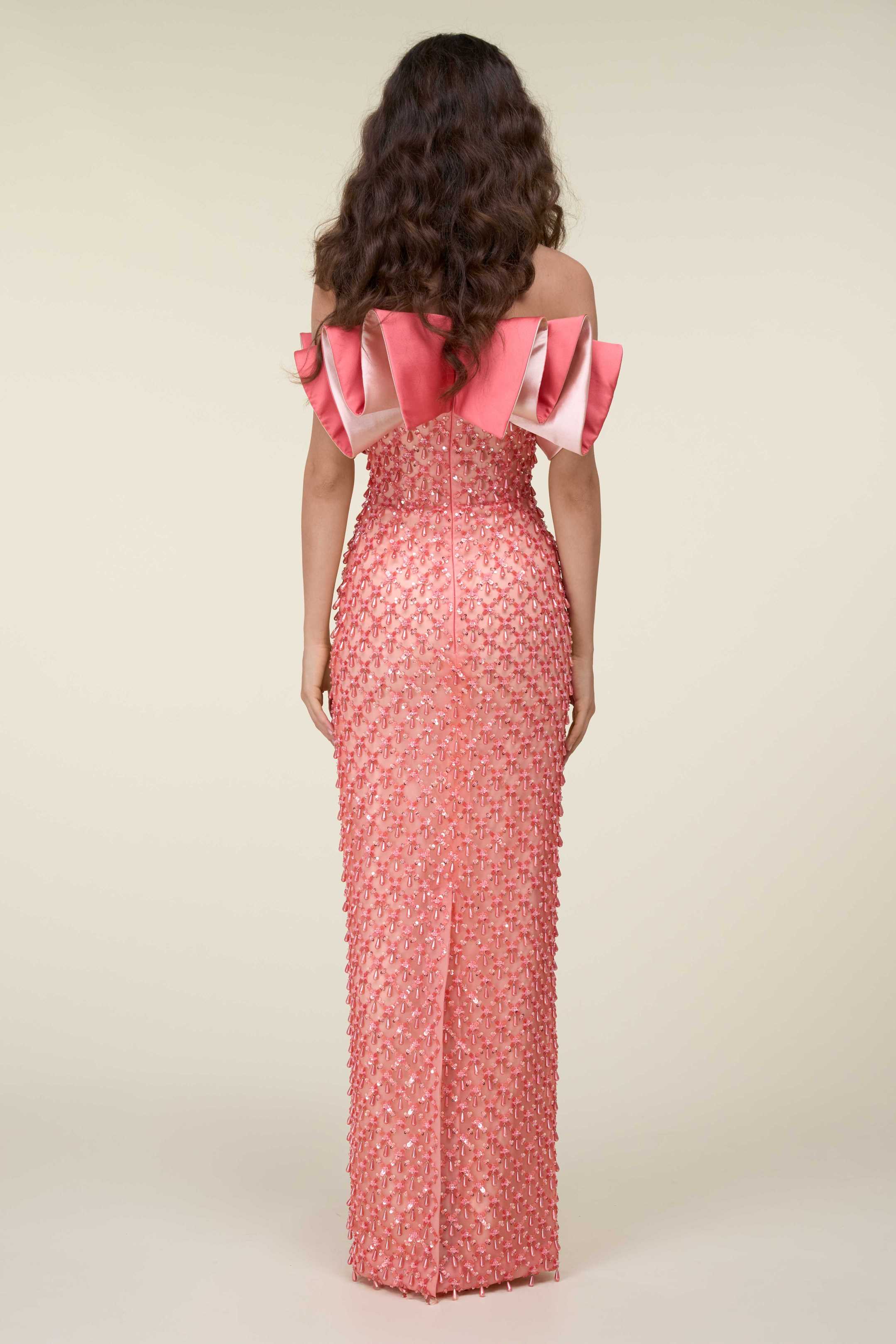 Off-Shoulder Beaded Tubino Dress With Ruffled Neckline.