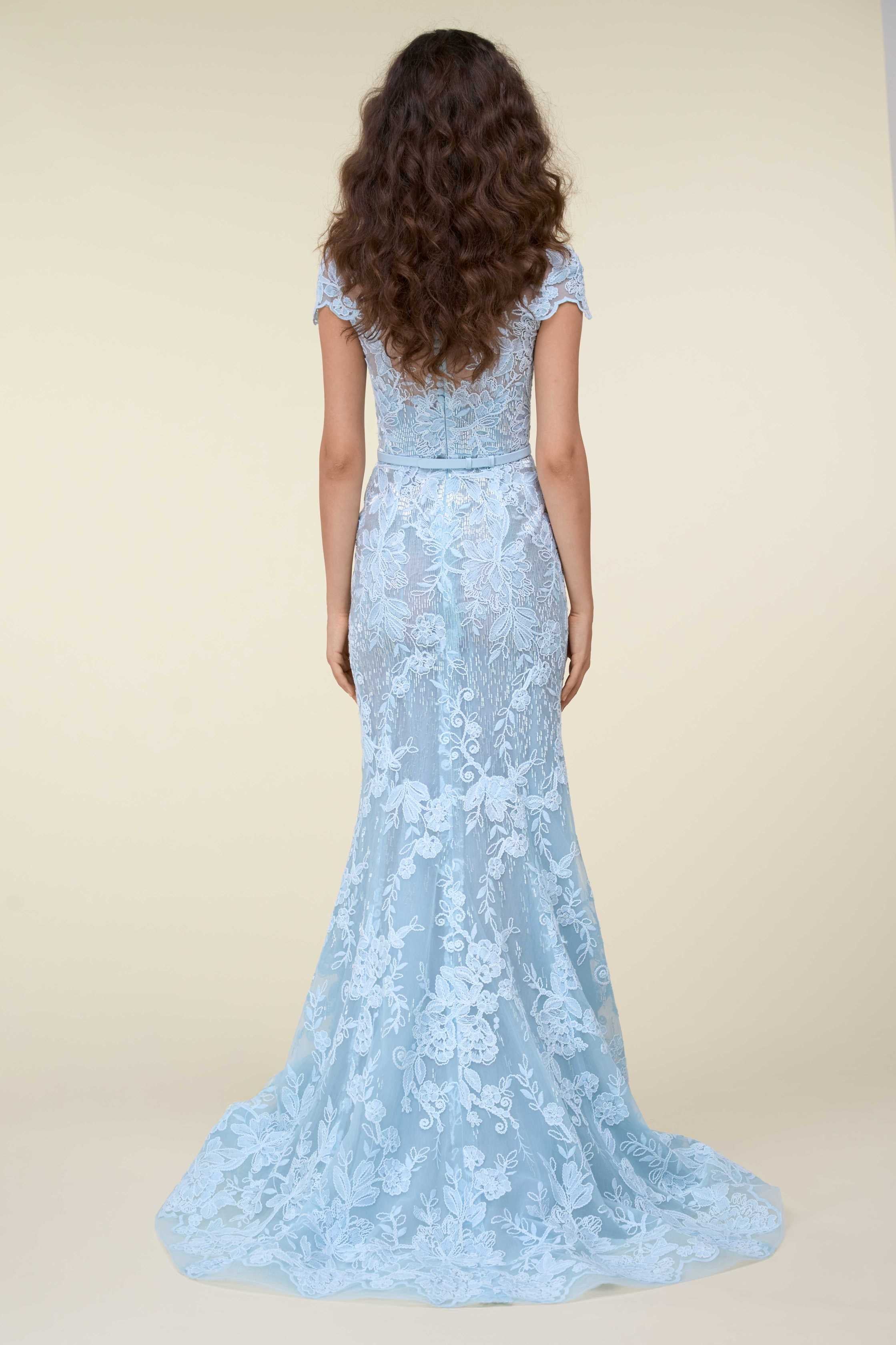 Lace Embroidered Mermaid Gown With Illusion Neckline.