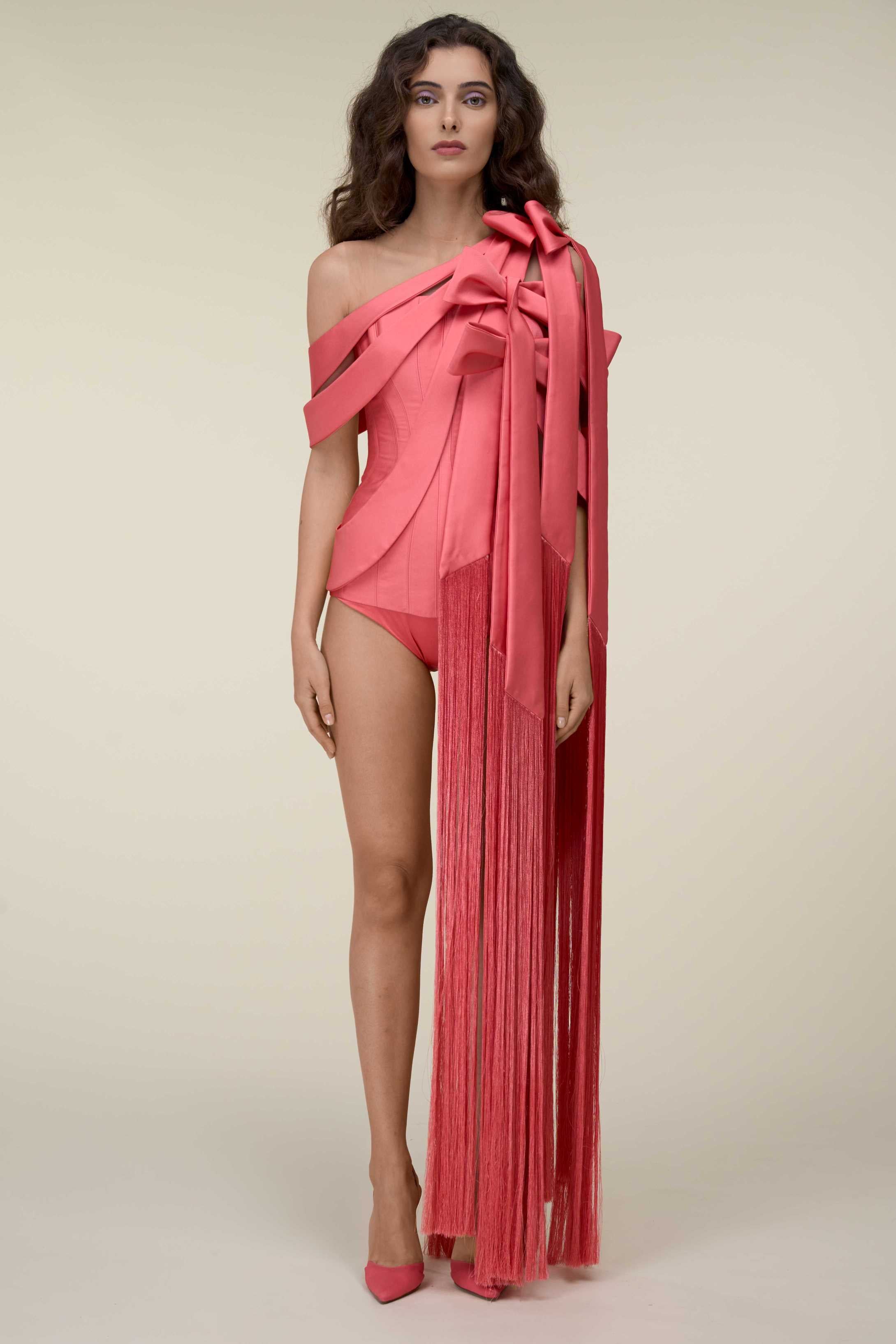 Off-Shoulder Bodysuit With Bows And Fringe.