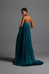 Pleated cape gown with overlapped draping