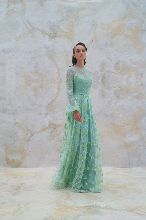 Floral Beaded Pleated Gown