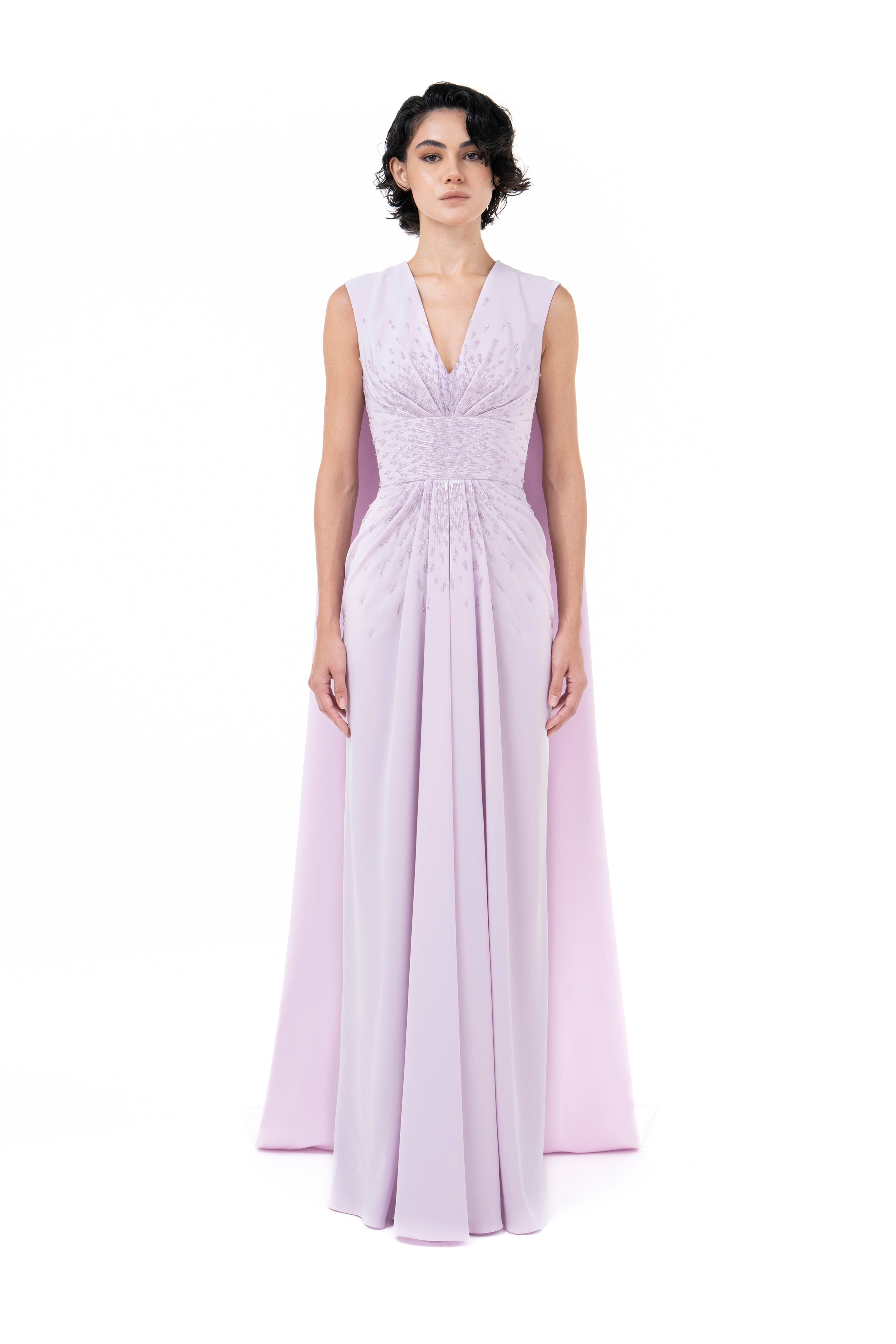 Beaded Draped Gown With Cape