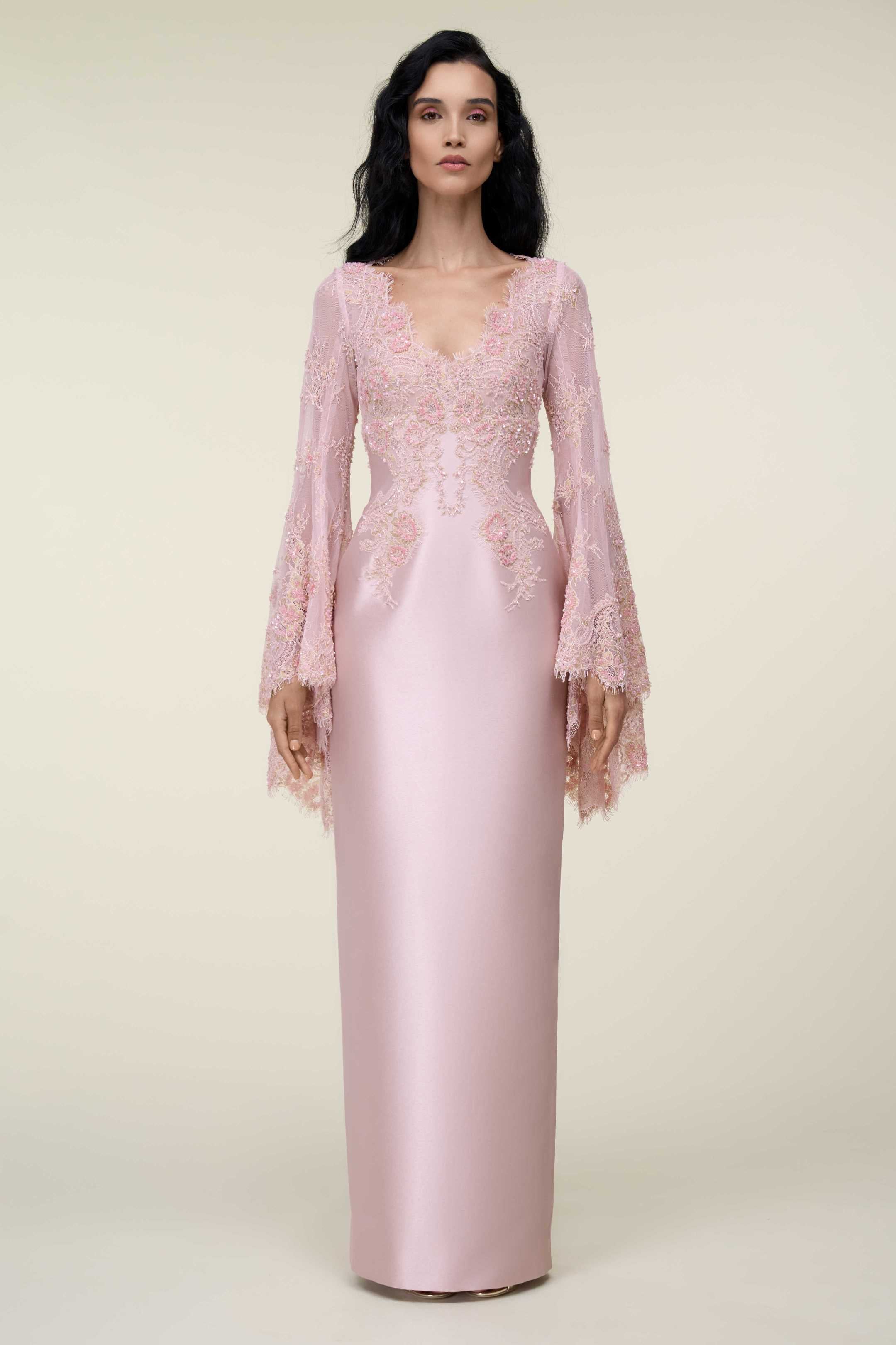 Lace-Embroidered Tubino Dress With Flared Sleeves - Luxury Evening Dress | Rami Al Ali Rose Pink / FR 36 - Available Lace-Embroidered Tubino Dress With Flared Sleeves - Luxury Evening Dress | Rami Al Ali Rose Pink / FR 36 - Available