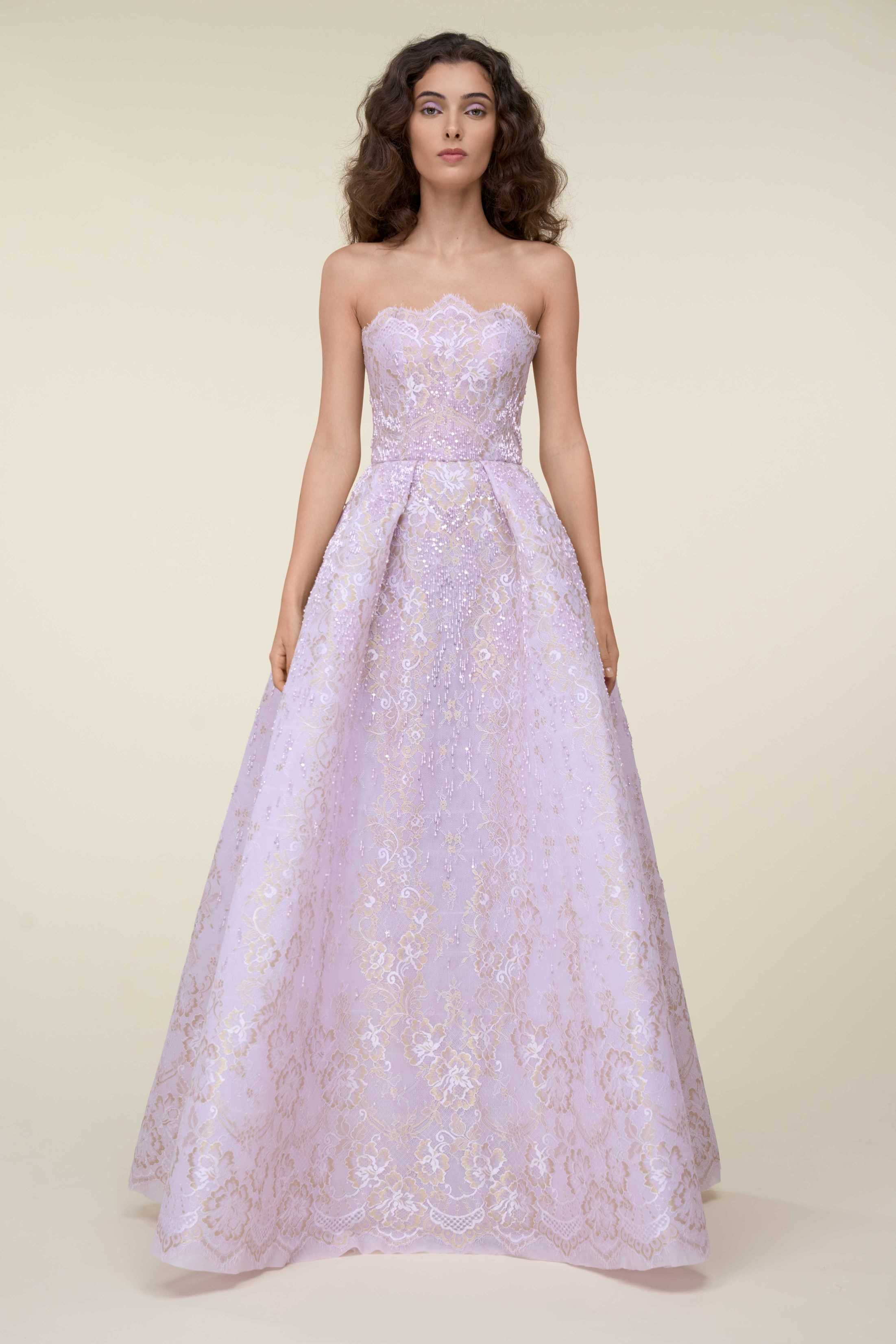 purple lace wedding dress Voluminous Embroidered Lace Gown With Intricate Beadwork - Luxury Evening Dress | Rami Al Ali Lavender / FR 40