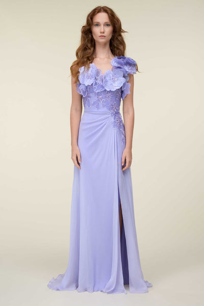 Mousseline Gown With Beaded 3D Floral Bodice And Draped Slit Skirt.