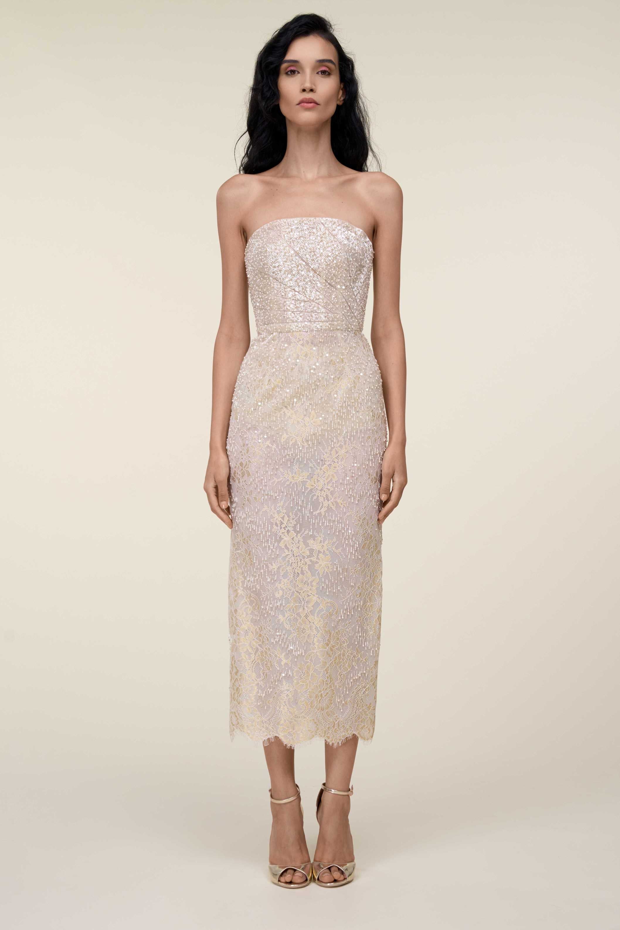 beige lace strapless dress Beige Strapless Lace Gown 3D Flower Detail