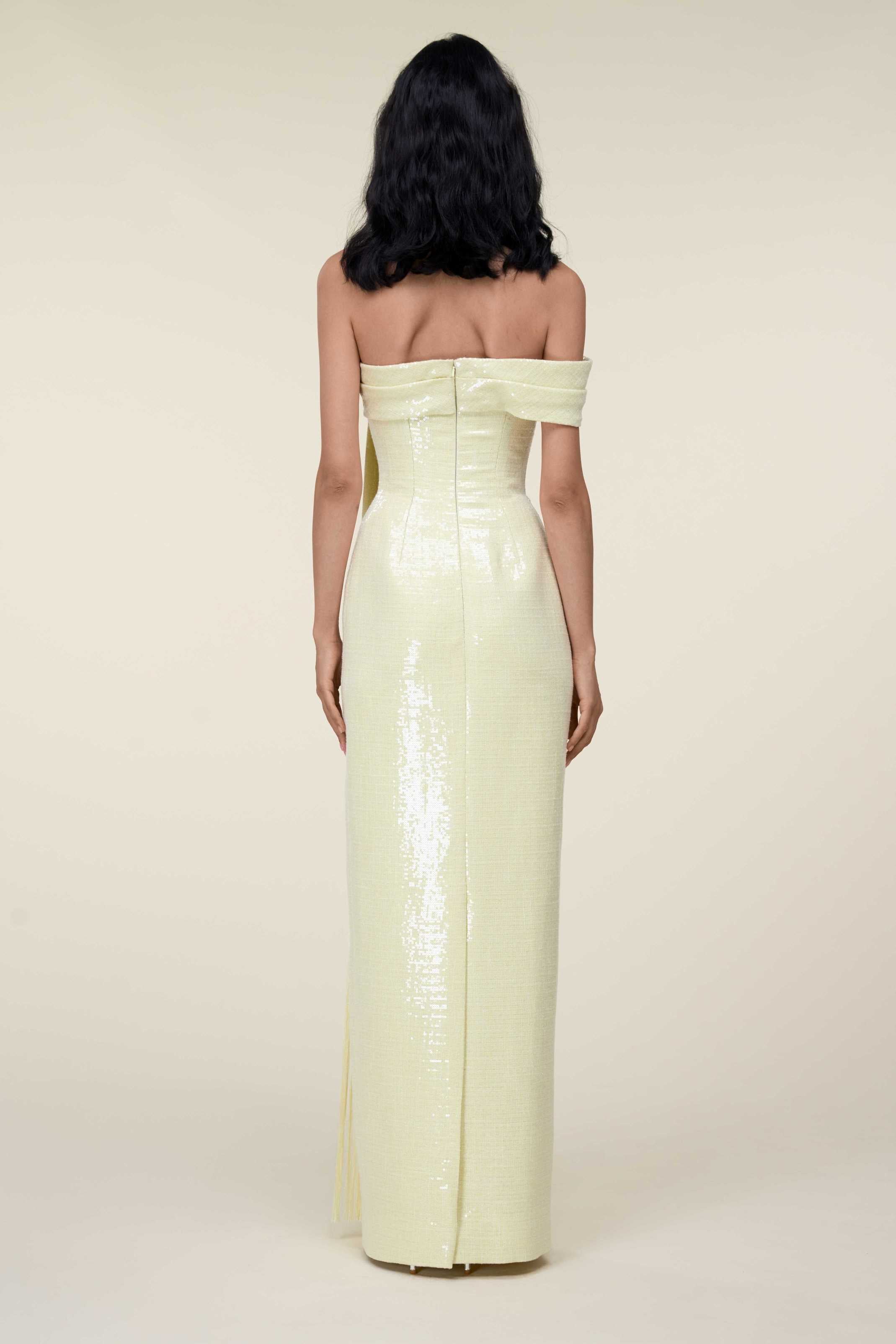 Strapless Sequin Tubino Dress With Bow And Fringe Detail.