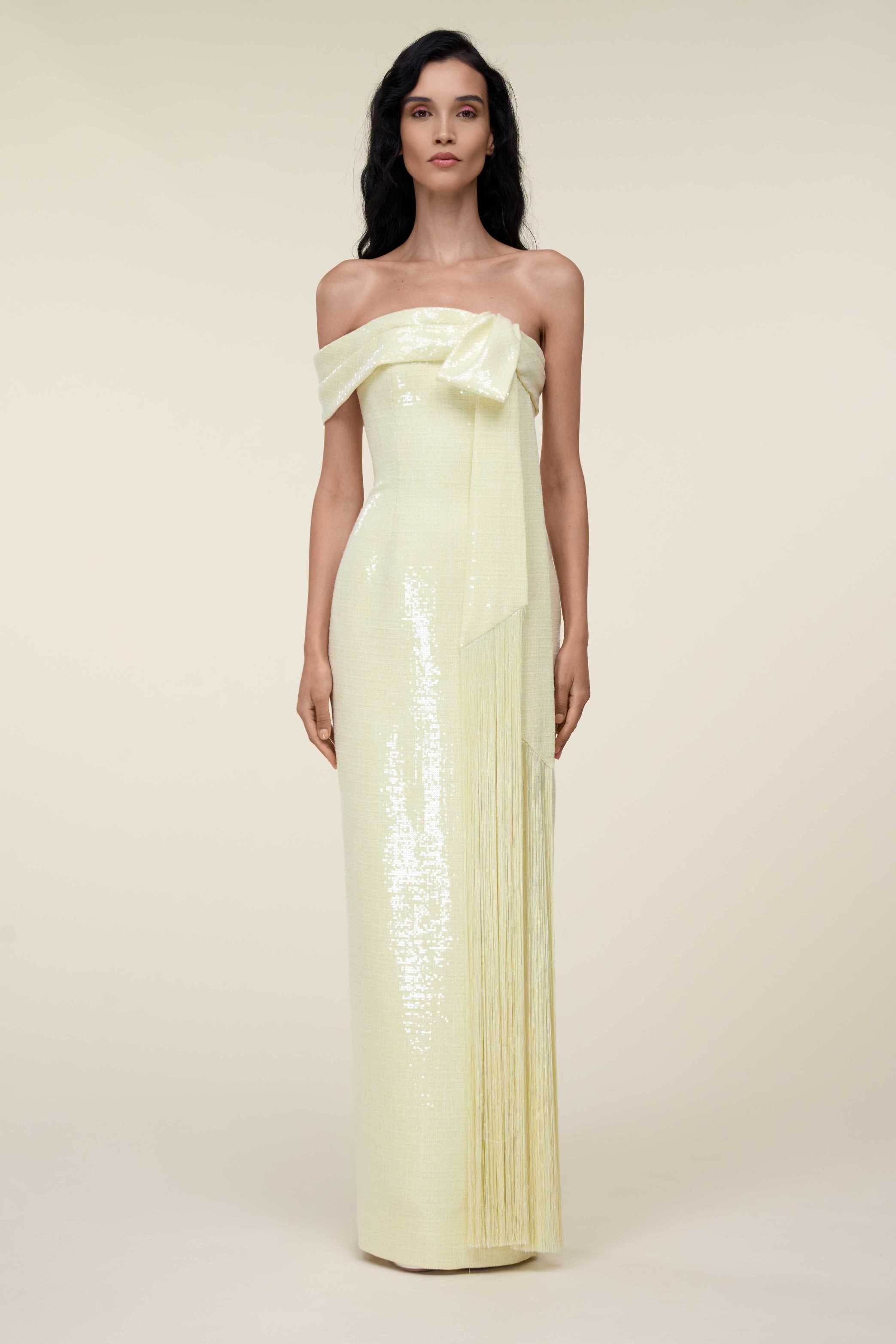 Strapless Sequin Tubino Dress With Bow And Fringe Detail.