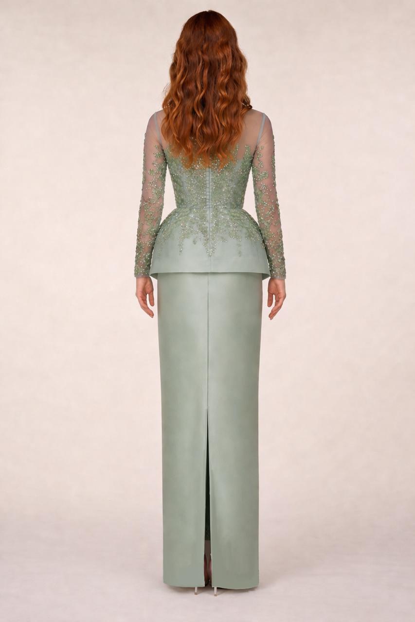 Fully Beaded Full-Length Tubino With Illusion Neckline And Peplum.