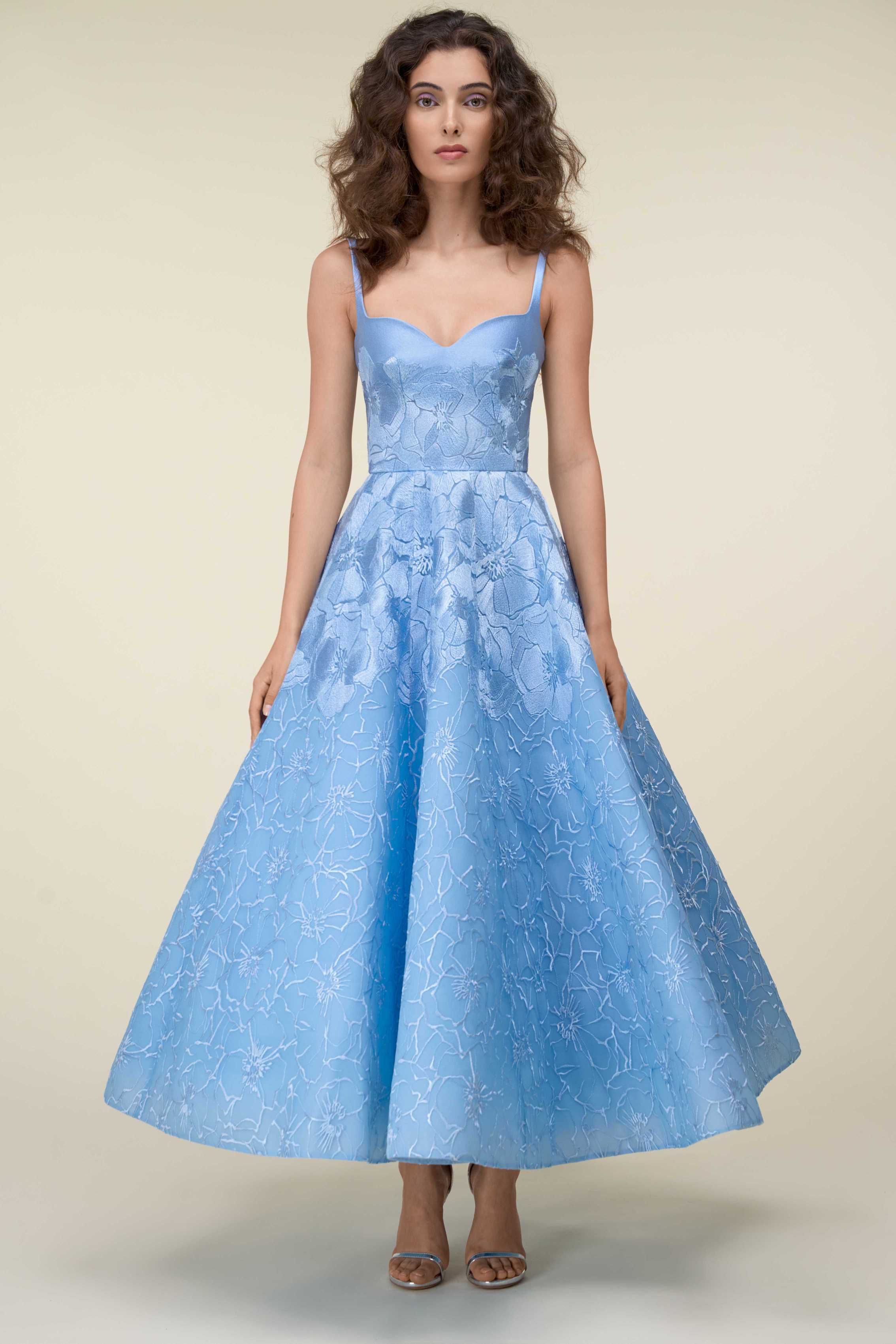 Voluminous Tea-Length Floral Dress With Sweetheart Neckline.