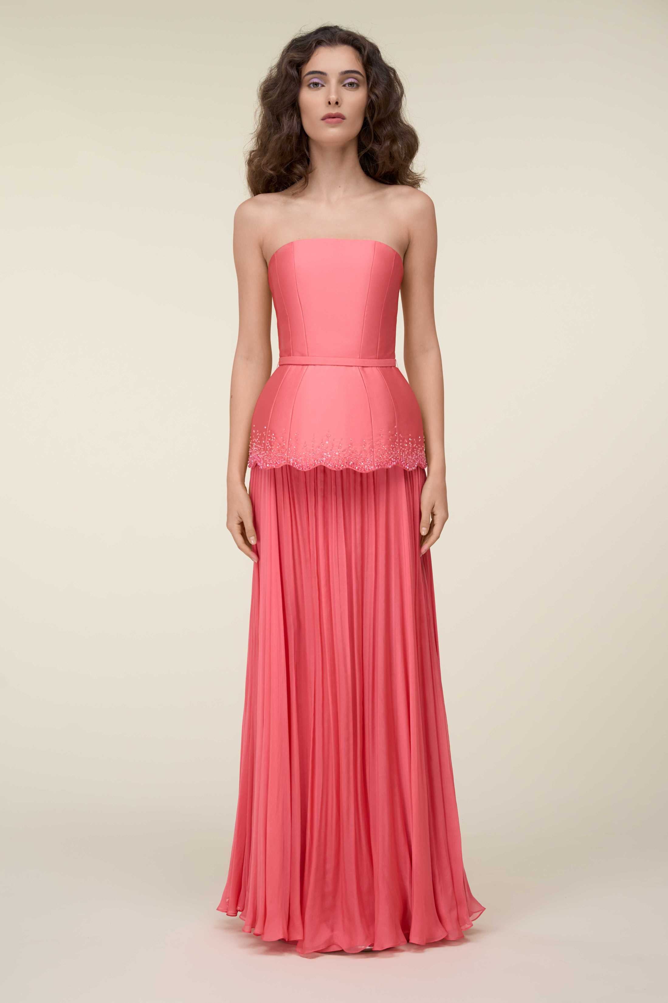 Strapless Gown With Beaded Peplum Detail And Belt.