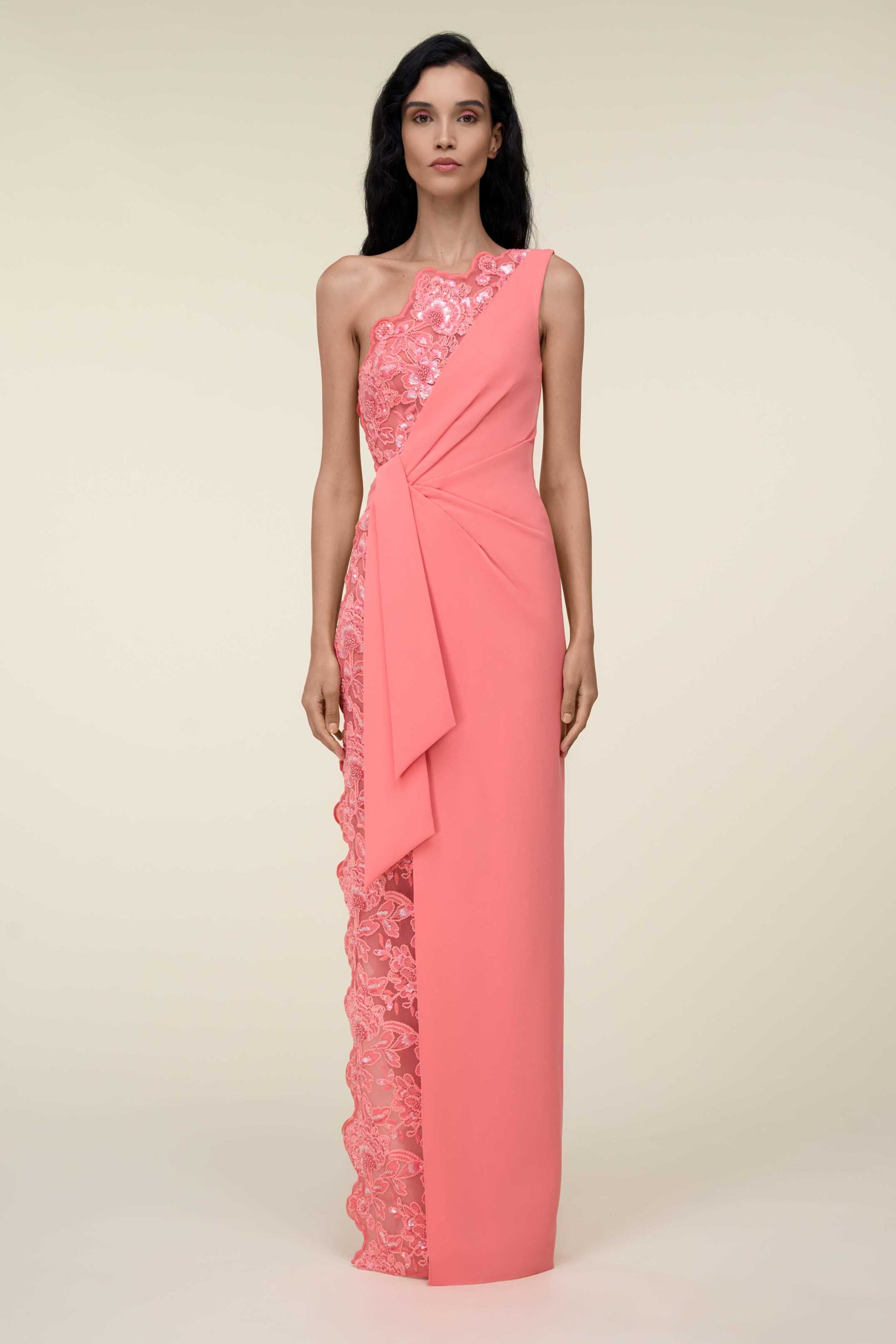 One-Shoulder Lace Tubino Dress With Draped Overlay.