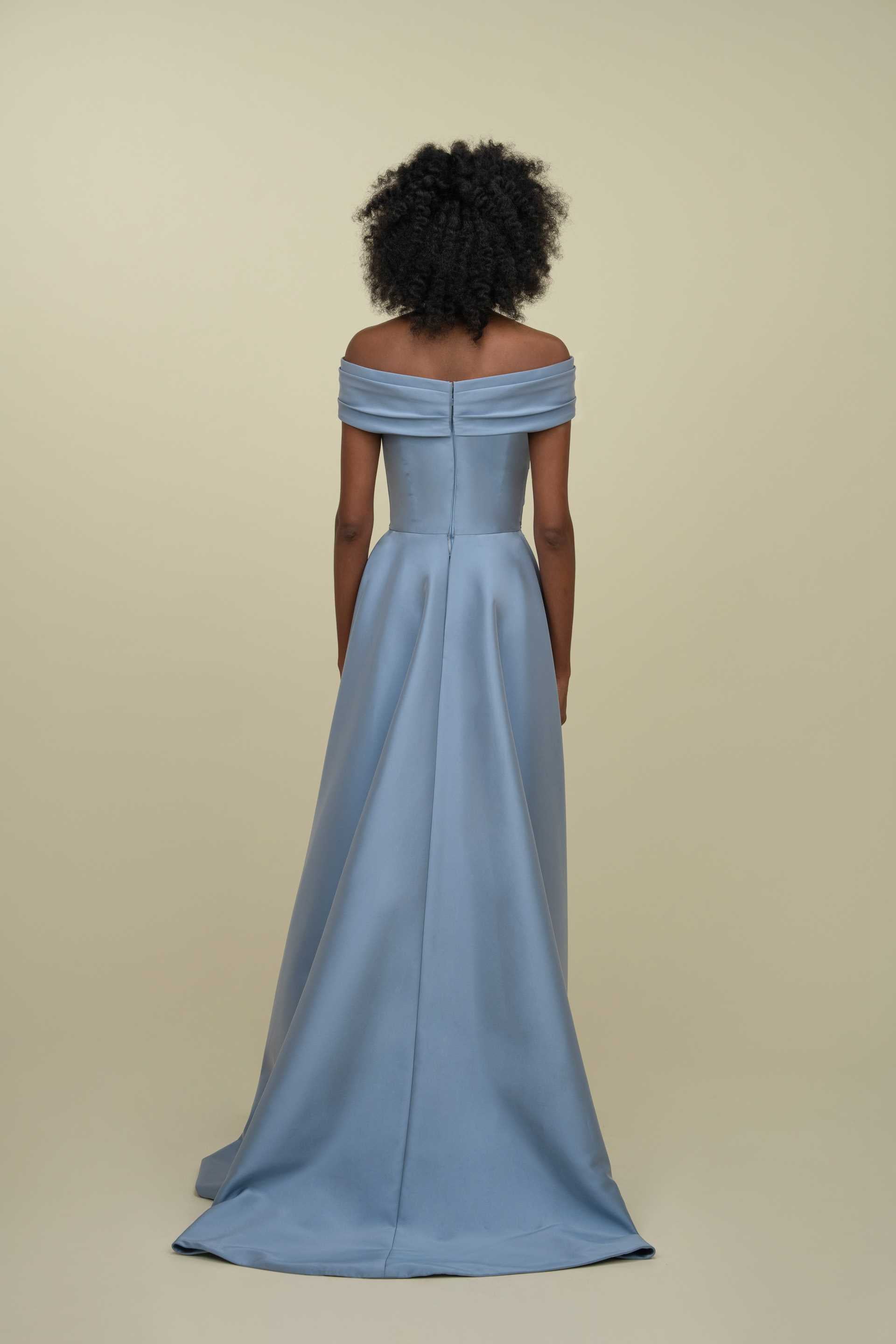 Asymmetric Off-Shoulder Beaded Gown With Overskirt