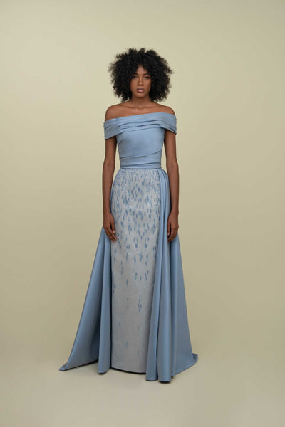 Asymmetric Off-Shoulder Beaded Gown With Overskirt