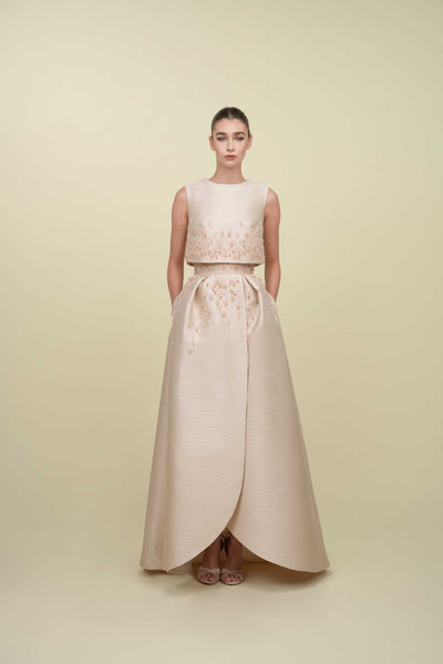Sculpted Beaded Tulip-Shaped Gown Paired With Crop-Top