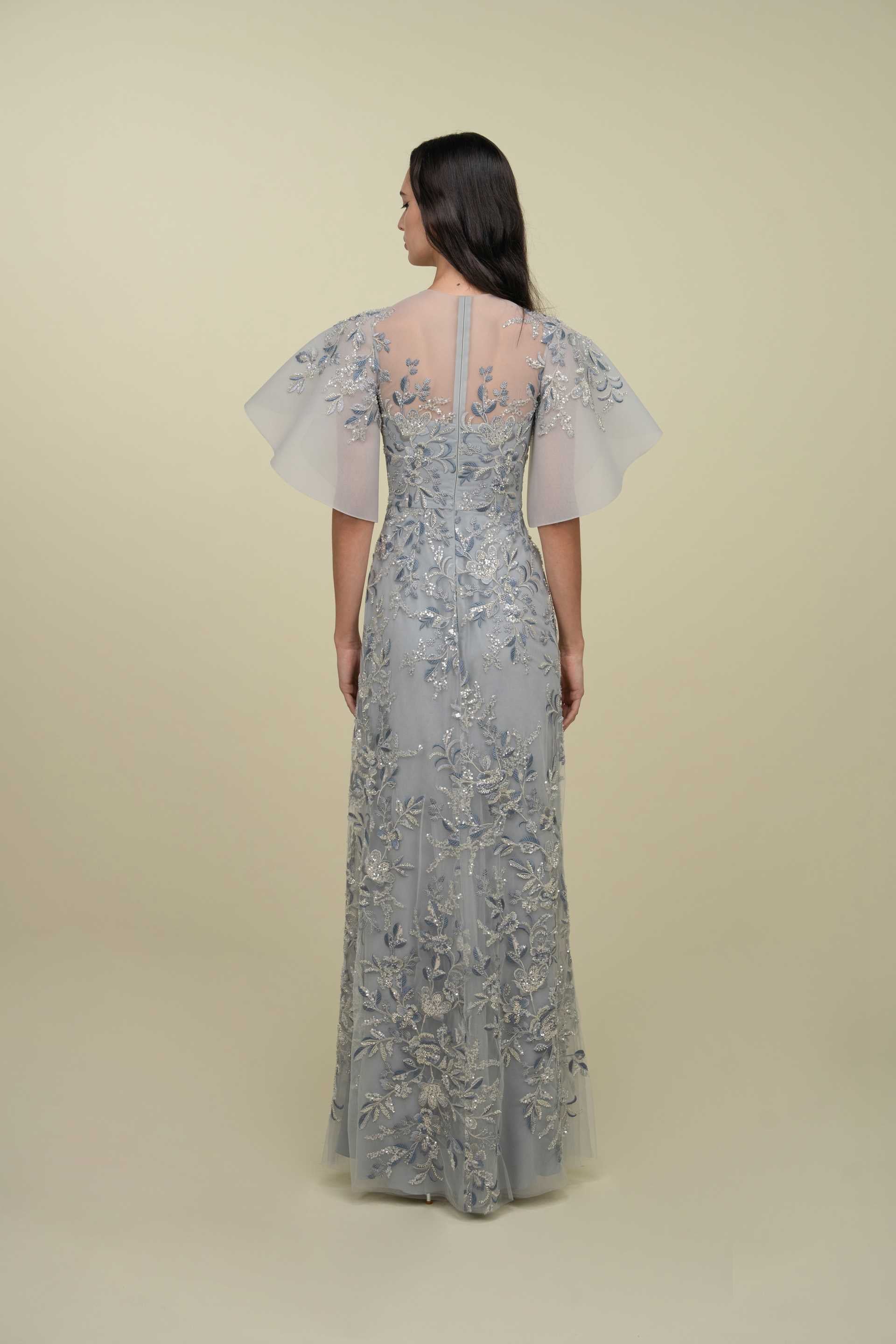 Fully Embroidered Gown With Structured Sleeves