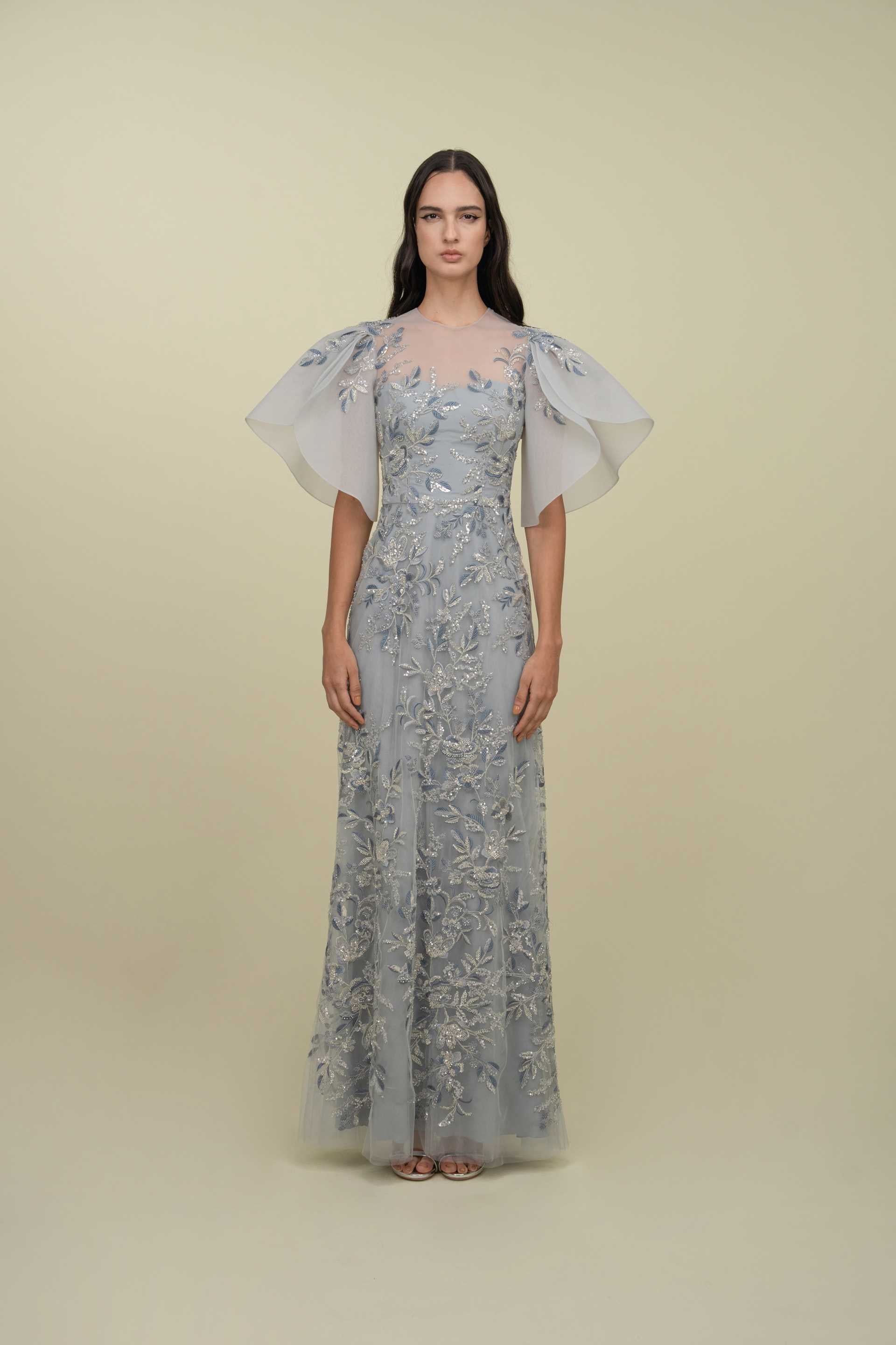 Fully Embroidered Gown With Structured Sleeves