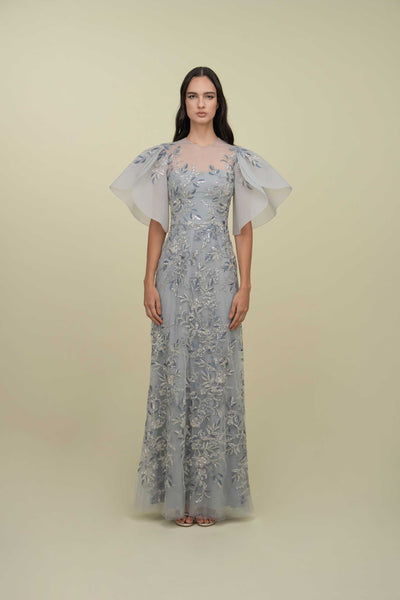 Fully Embroidered Gown With Structured Sleeves