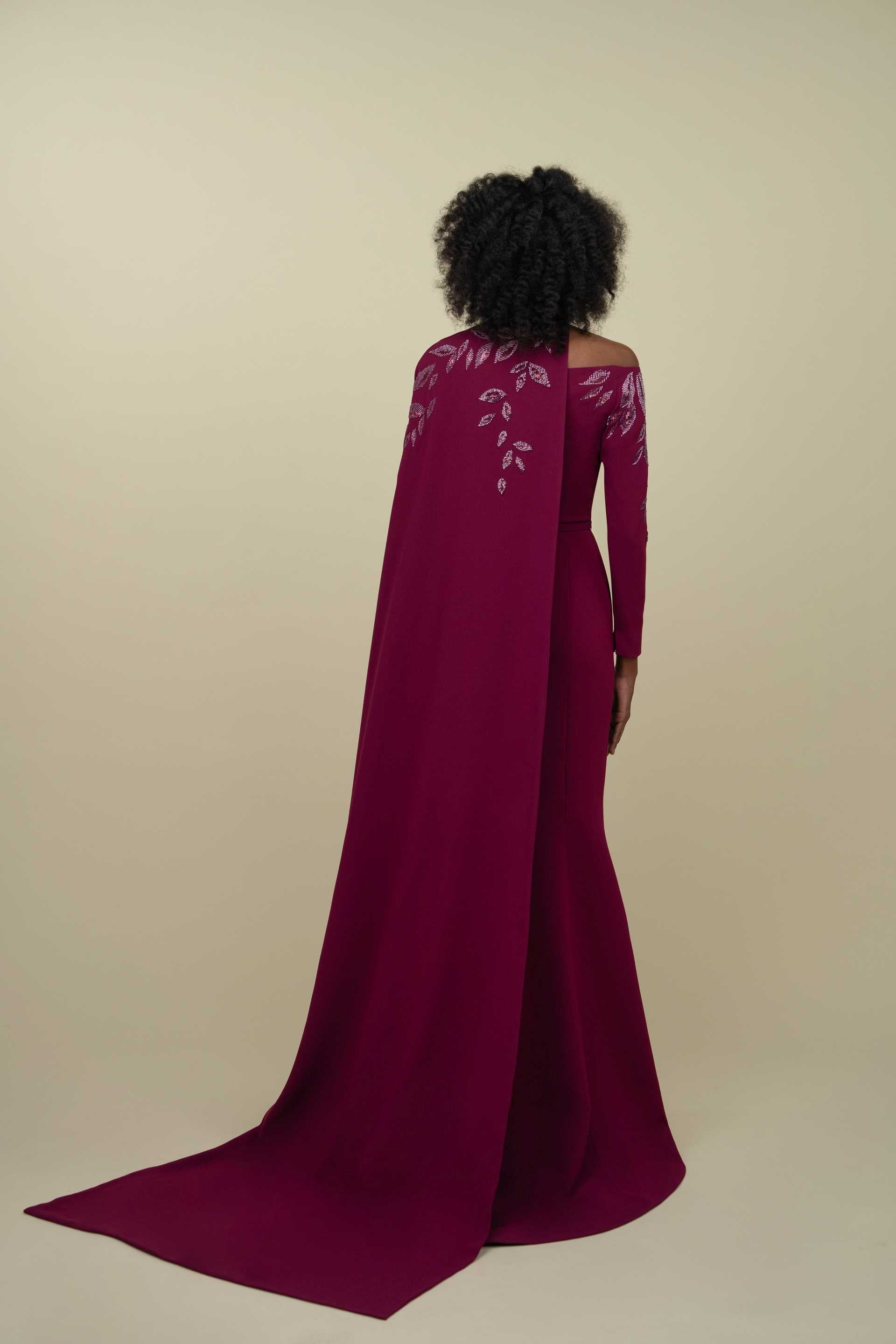 Asymmetrical Off-Shoulder Gown With floor-length cape