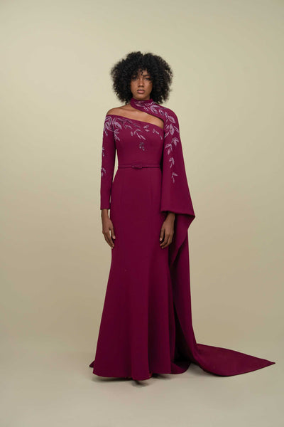 Asymmetrical Off-Shoulder Gown With floor-length cape