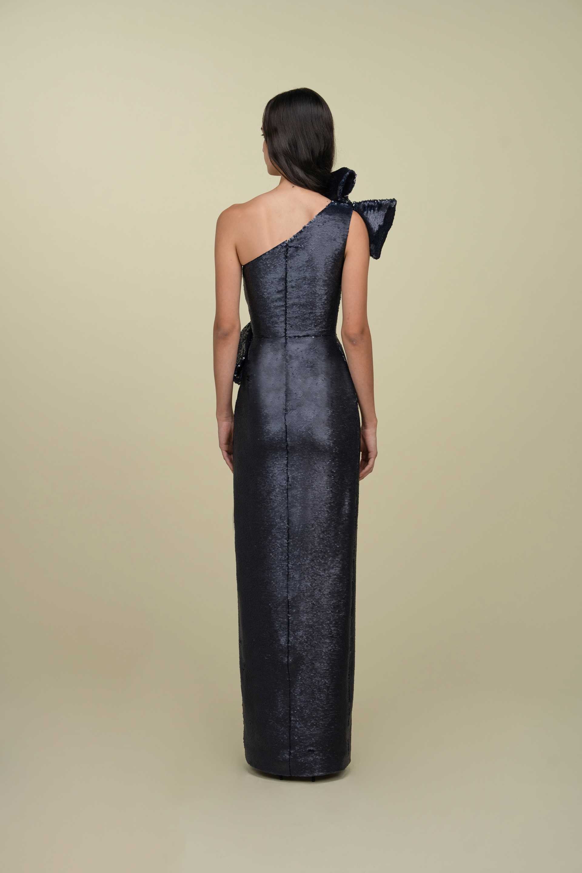 One-Shoulder Sequined Gown With Draped Bows