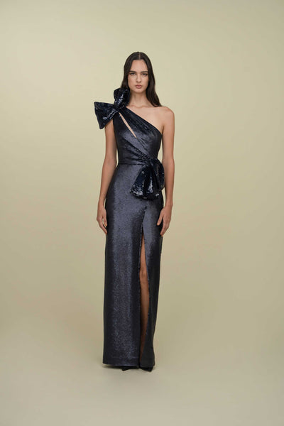 One-Shoulder Sequined Gown With Draped Bows