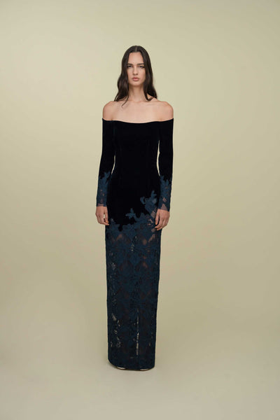 Off-Shoulder Velvet Gown With Lace Appliqué