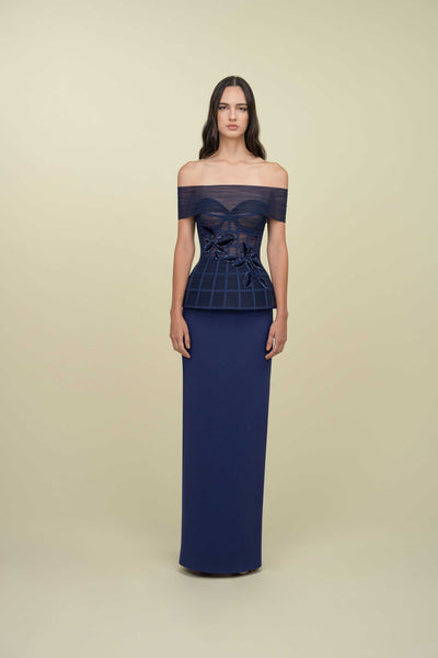 Off-Shoulder Sheer Corset Tubino Gown