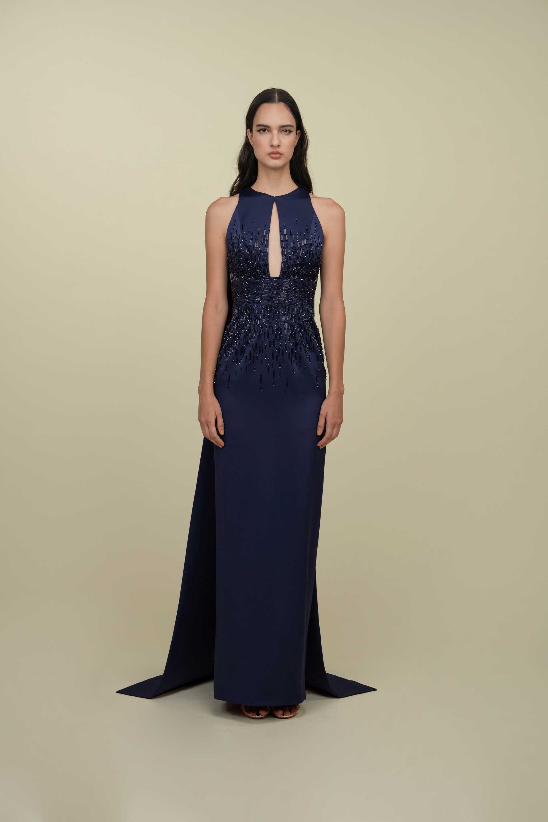 Beaded Gown With Triangular Keyhole And Cape