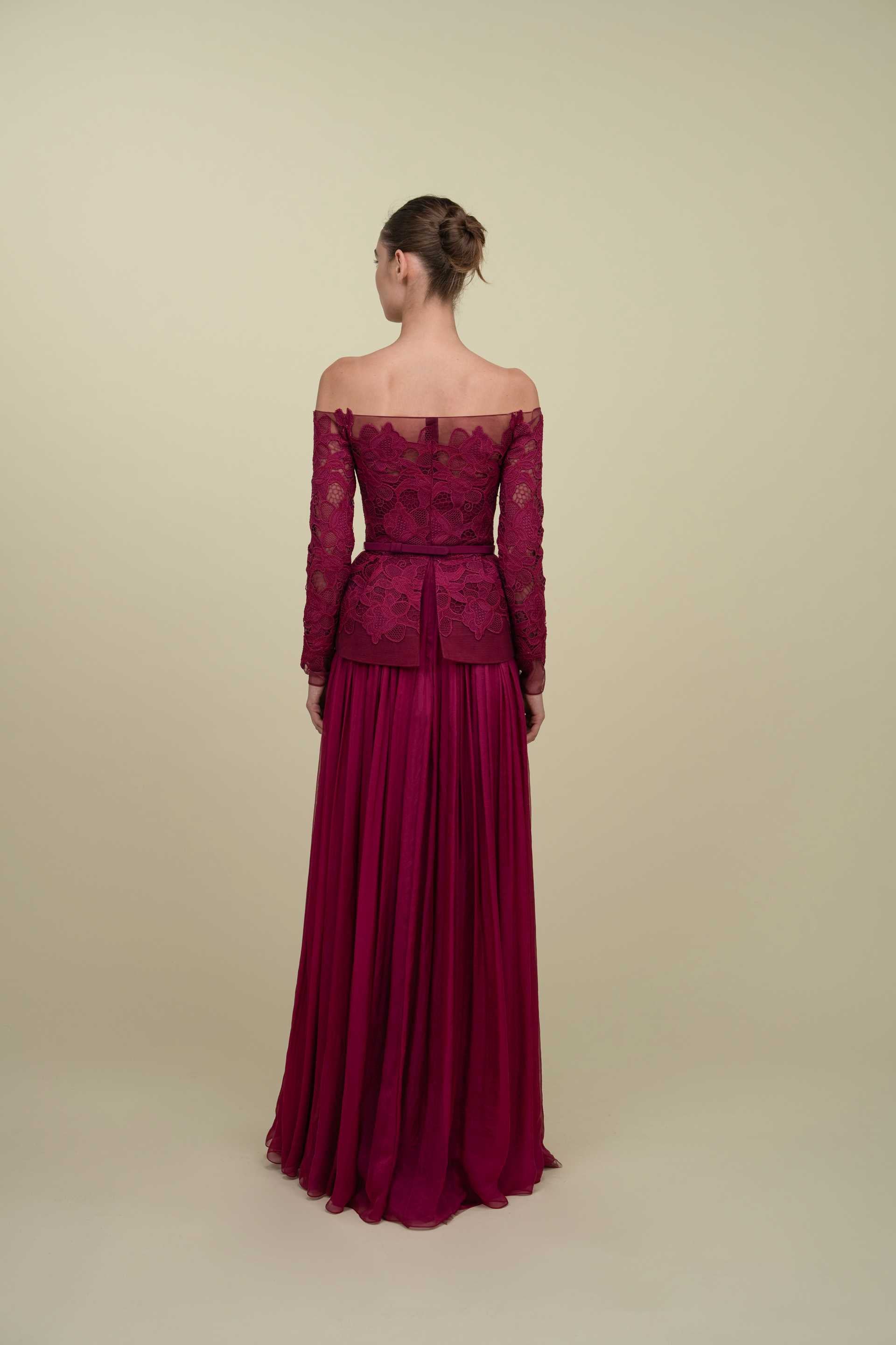 Off-Shoulder Gown With Peplum Top And Mousseline Skirt