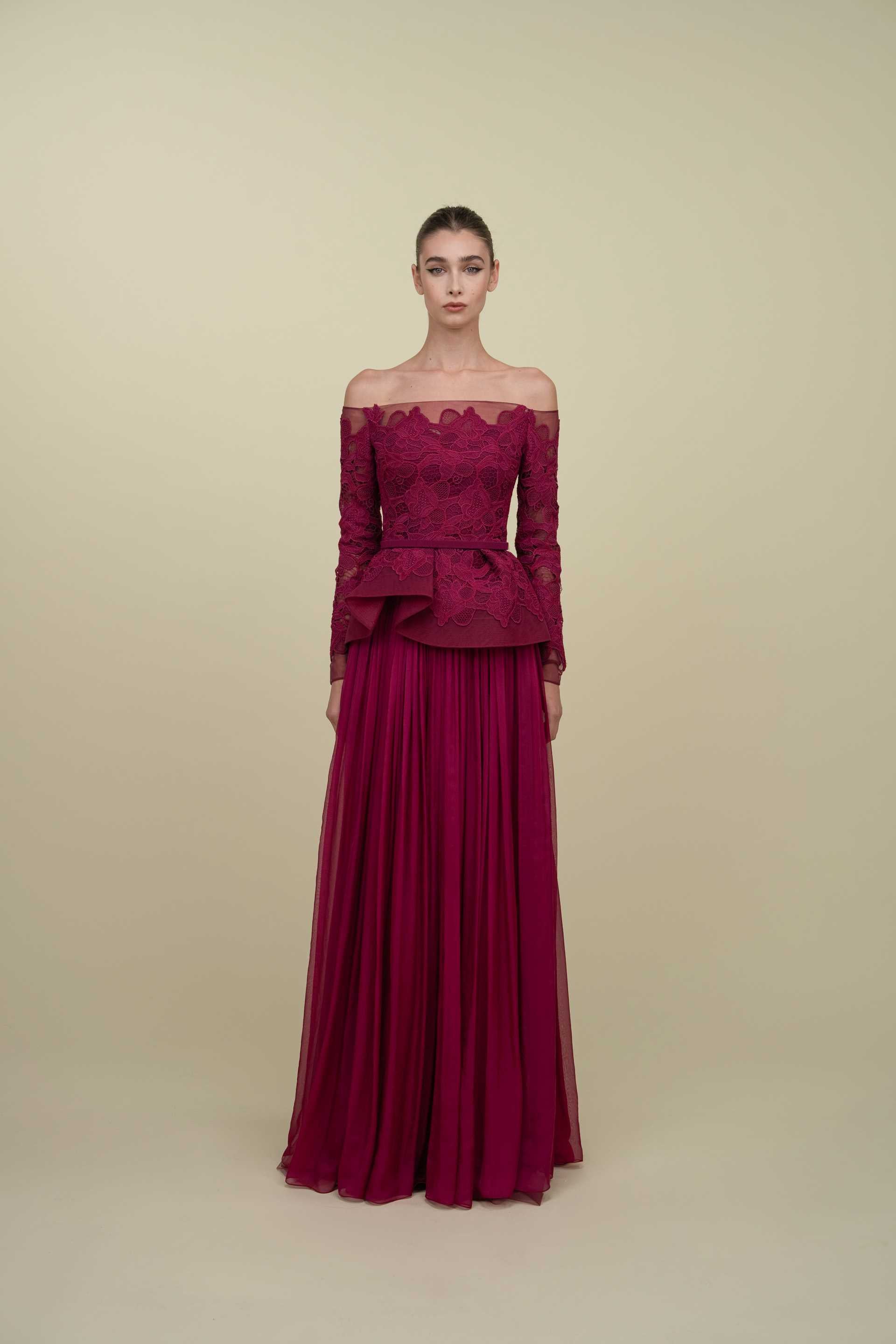 Off-Shoulder Gown With Peplum Top And Mousseline Skirt