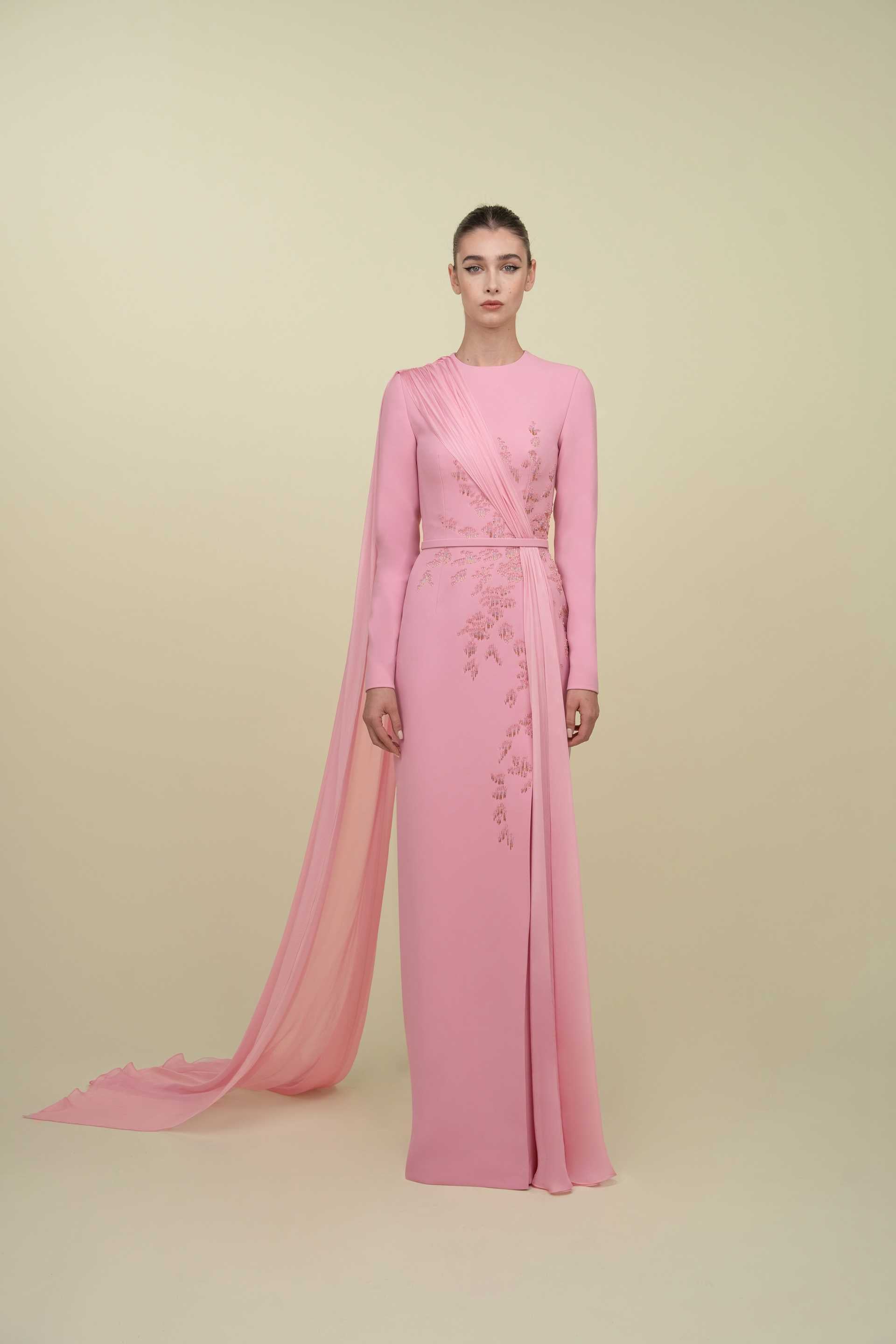 Fitted Gown With Embroidery And Draped Mousseline Overlay