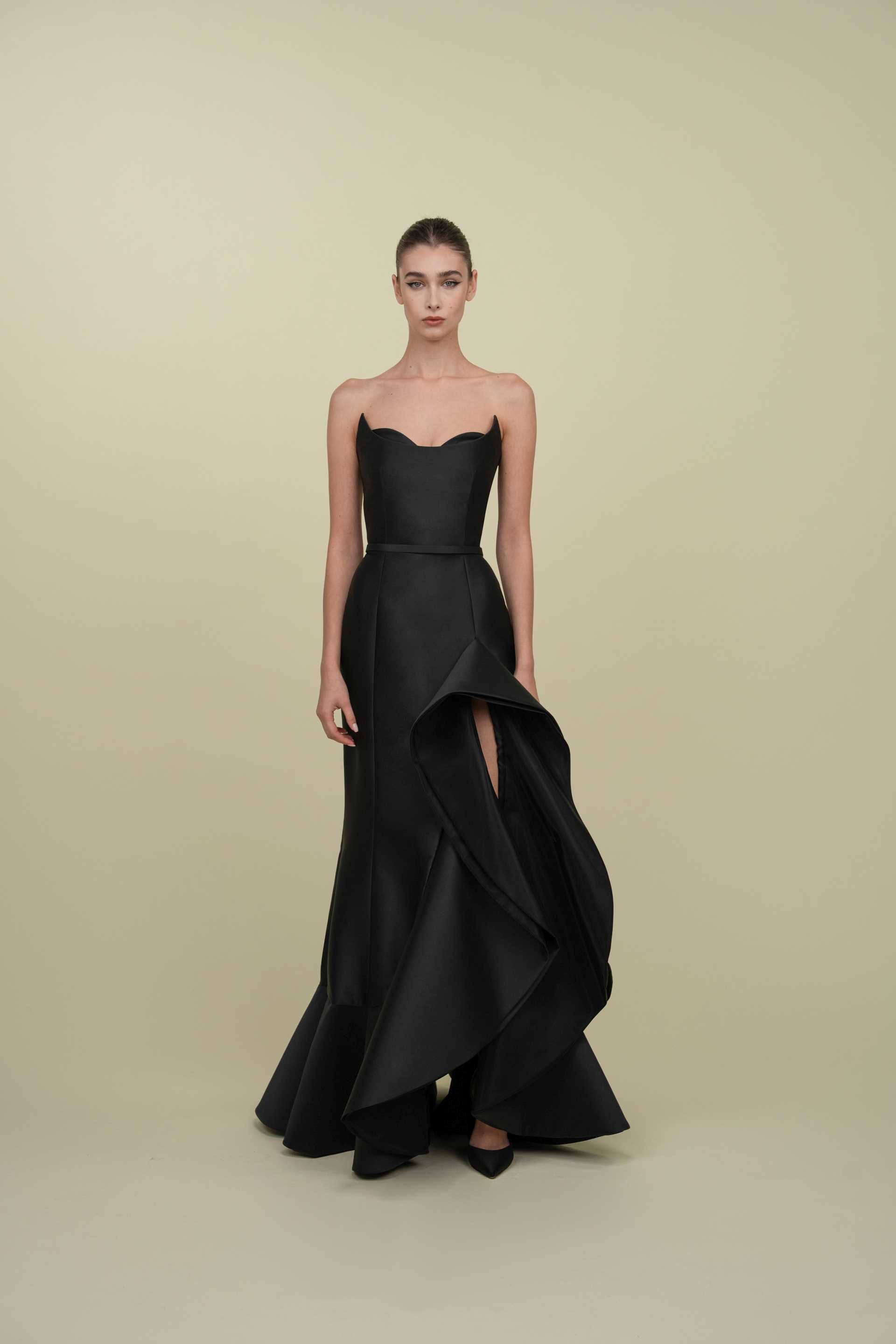 Sculptural Gown With Symmetric Ruffle Accent