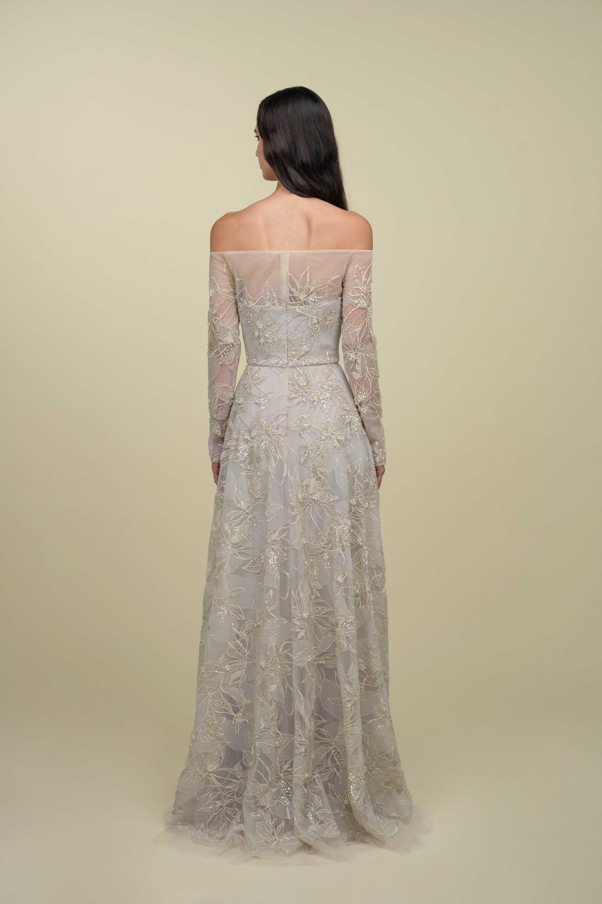 Fully Beaded Off-Shoulder Lace Gown