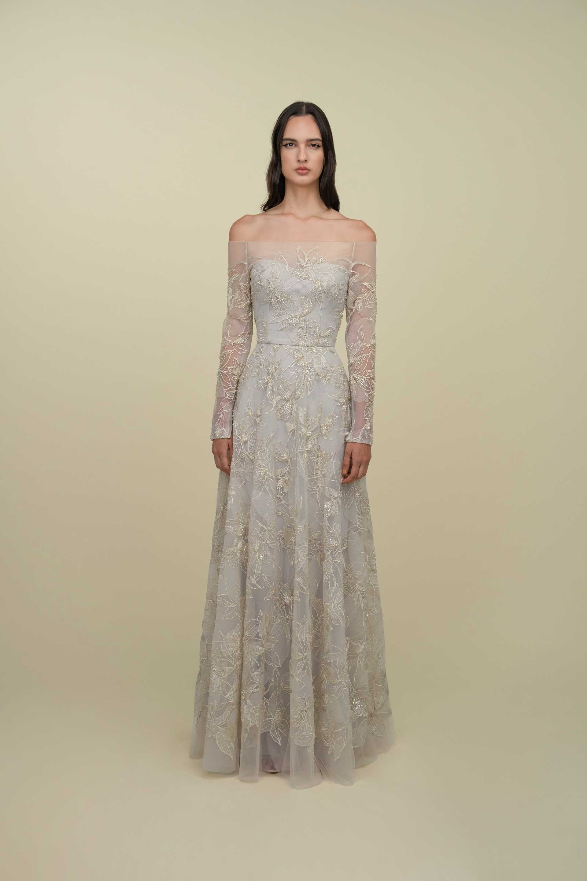 Fully Beaded Off-Shoulder Lace Gown