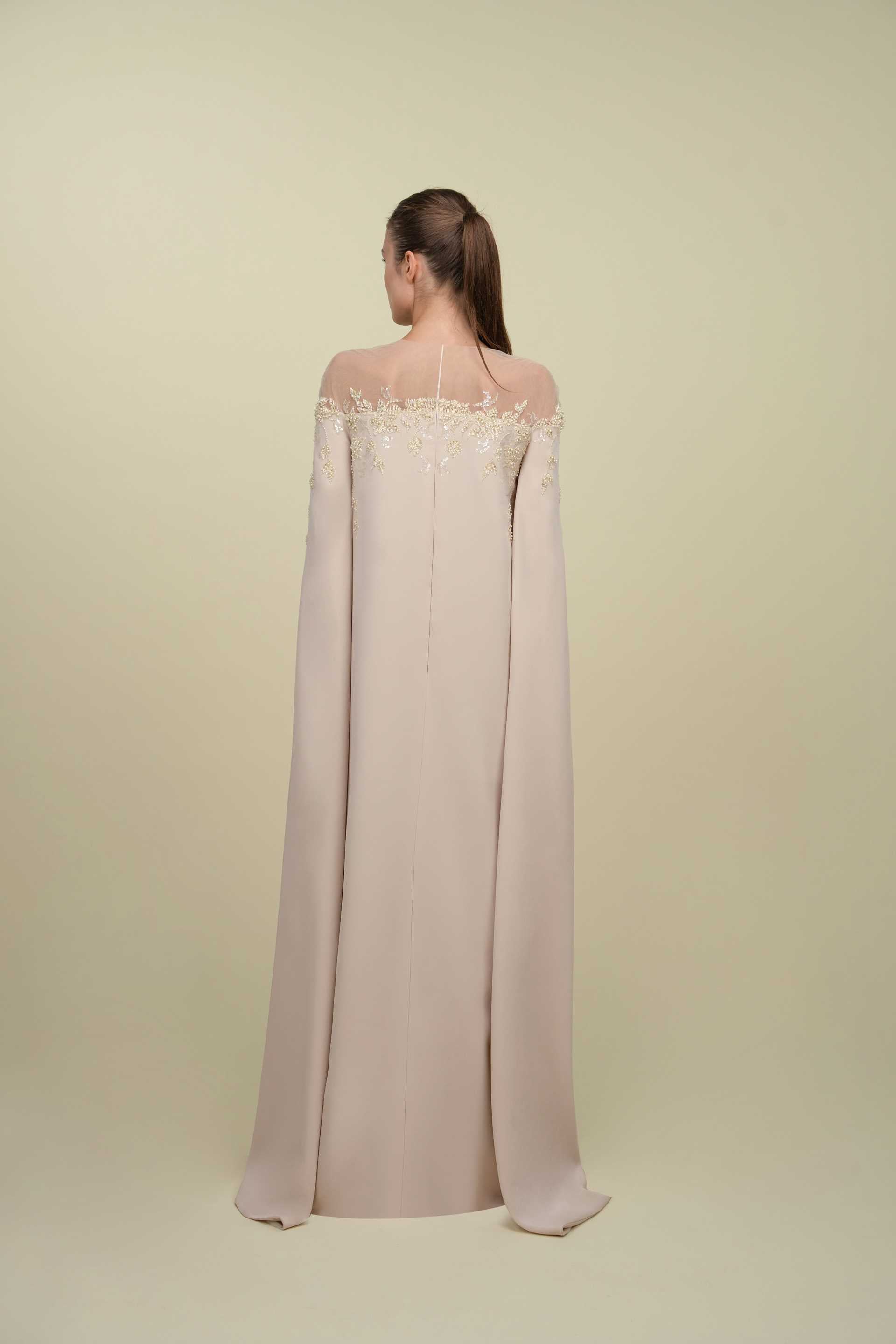 Semi-Column Beaded Gown With Floor Length Sleeves