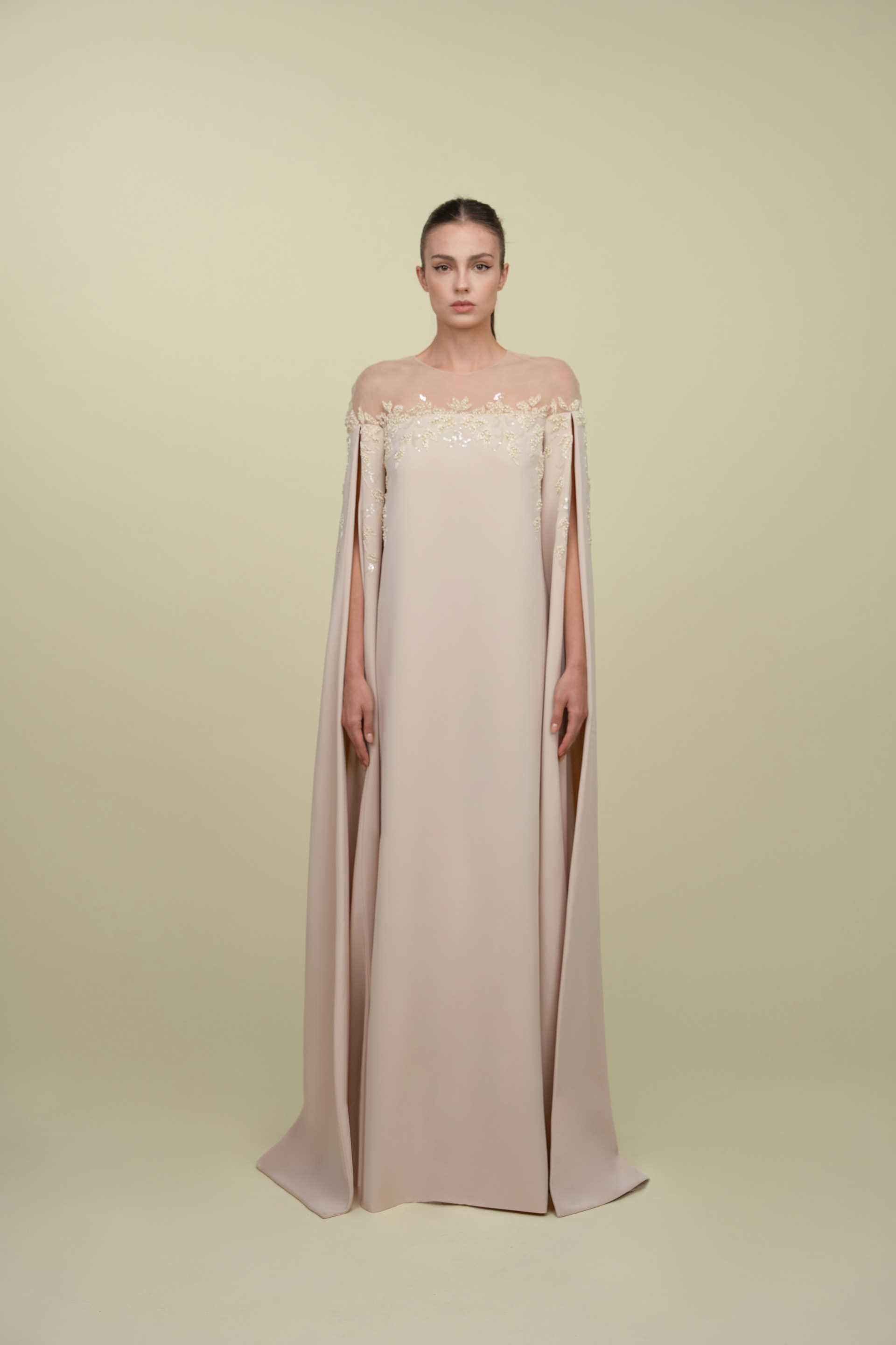 Semi-Column Beaded Gown With Floor Length Sleeves