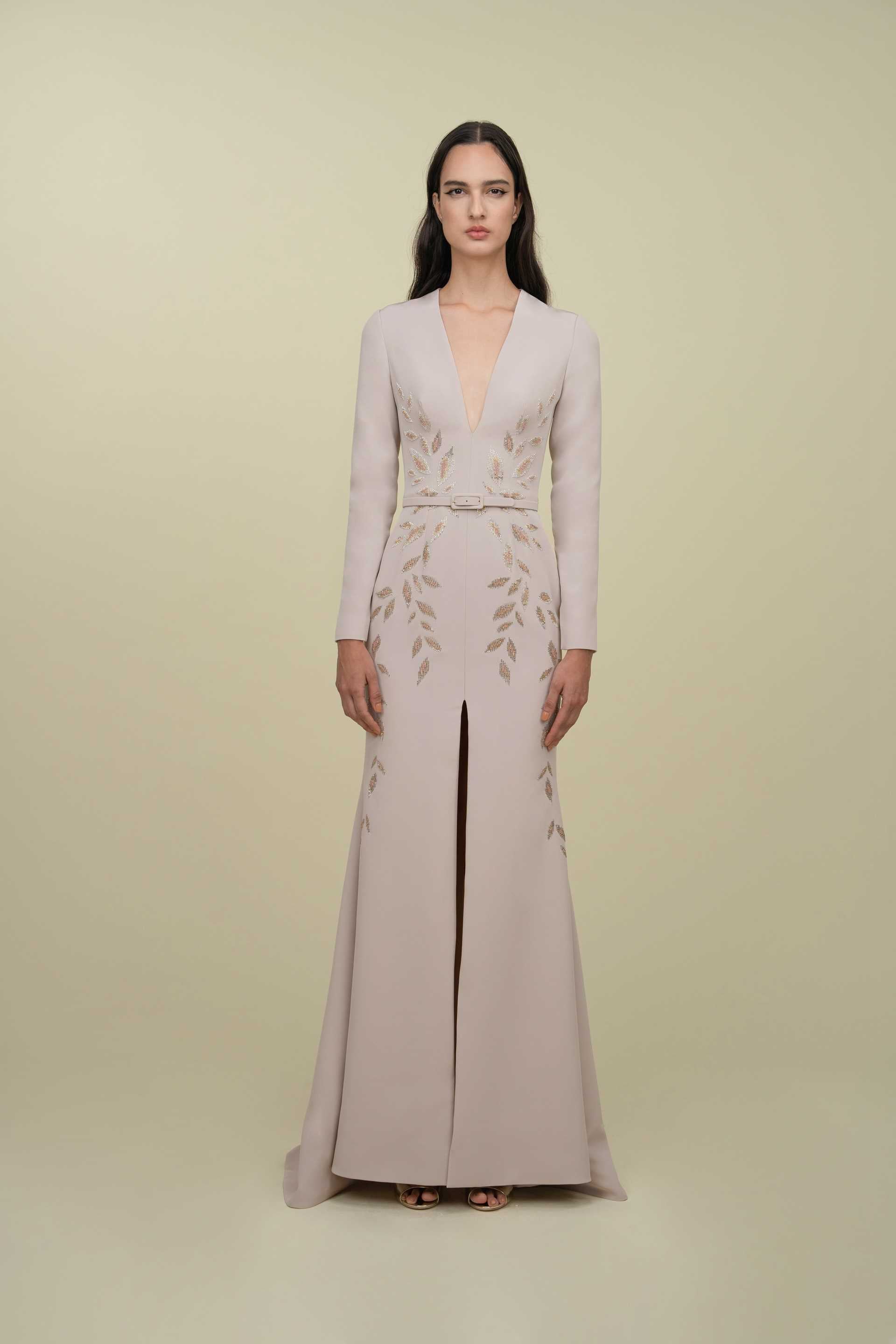 Sleek Gown With Deep Neckline And Intricate Embroidery