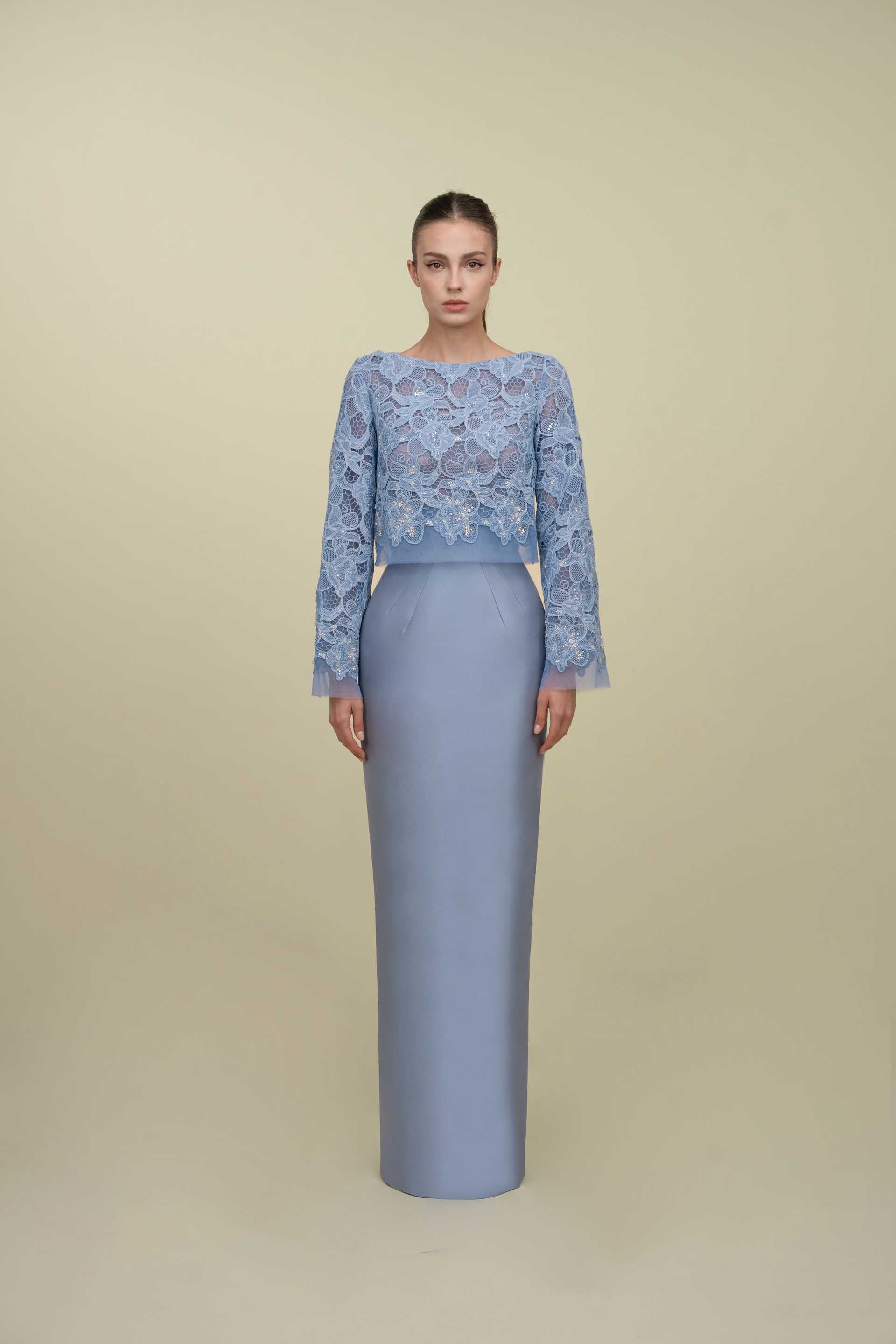 Lace Top Paired With Structured Mikado Skirt