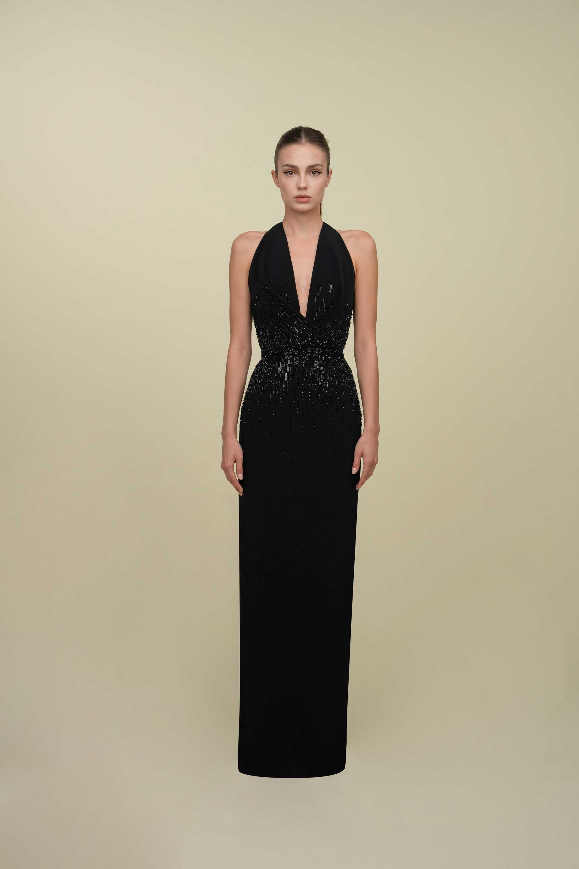 Draped Halter-Neck Gown Adorned With Beadwork