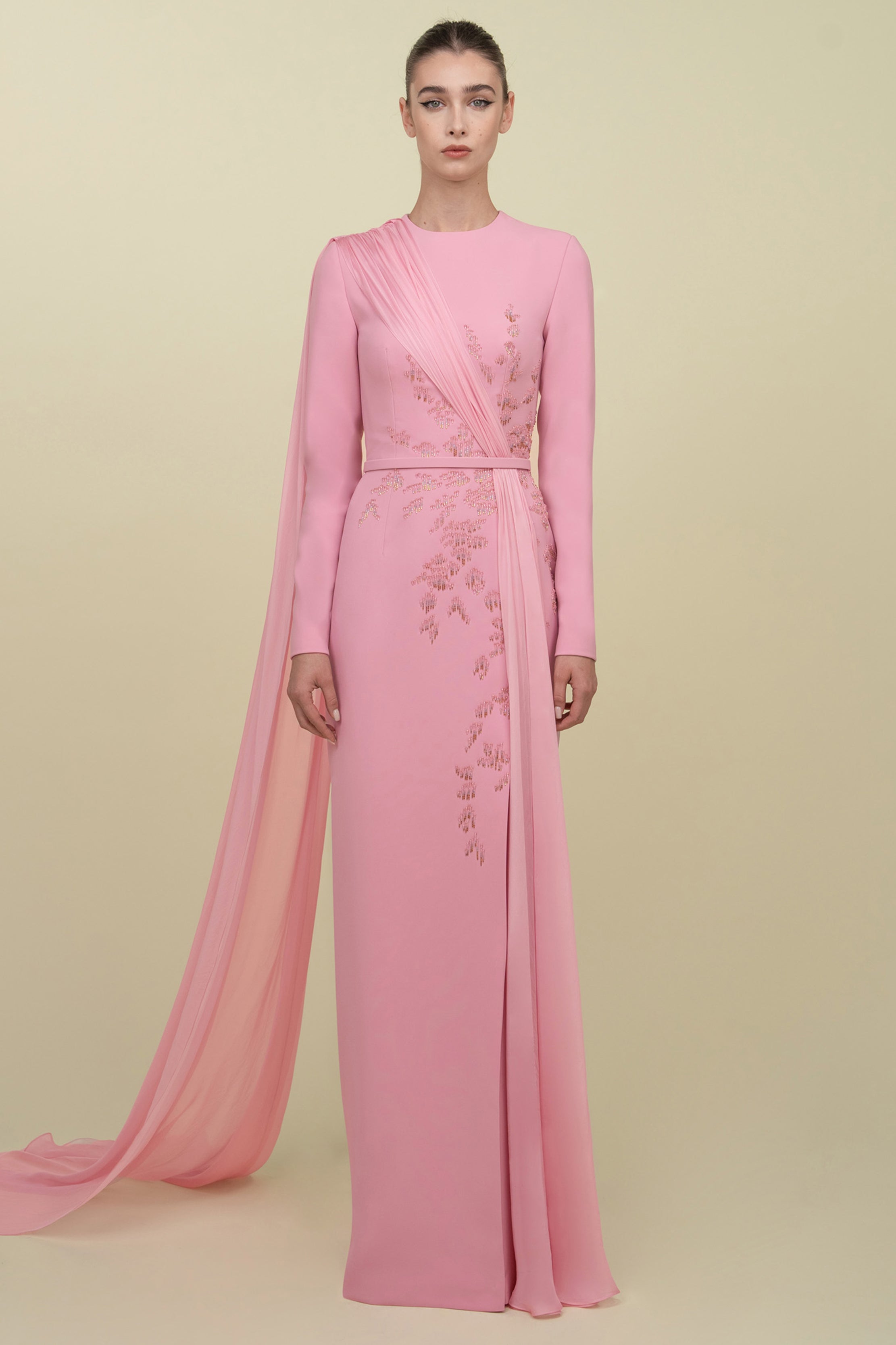 Fitted Gown With Embroidery And Draped Mousseline Overlay