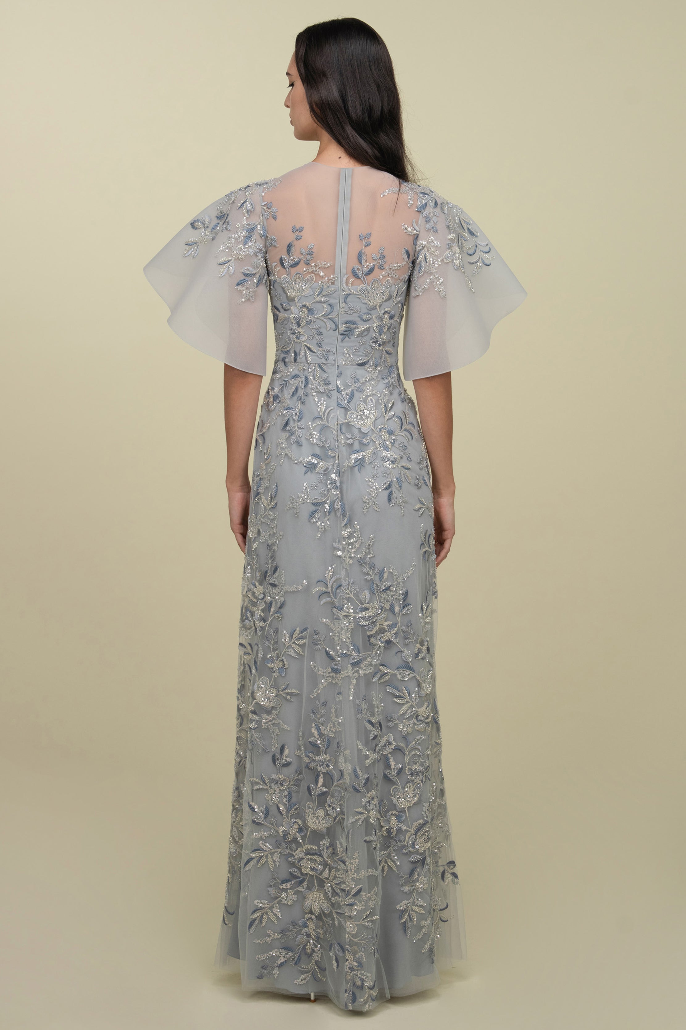 Fully Embroidered Gown With Structured Sleeves