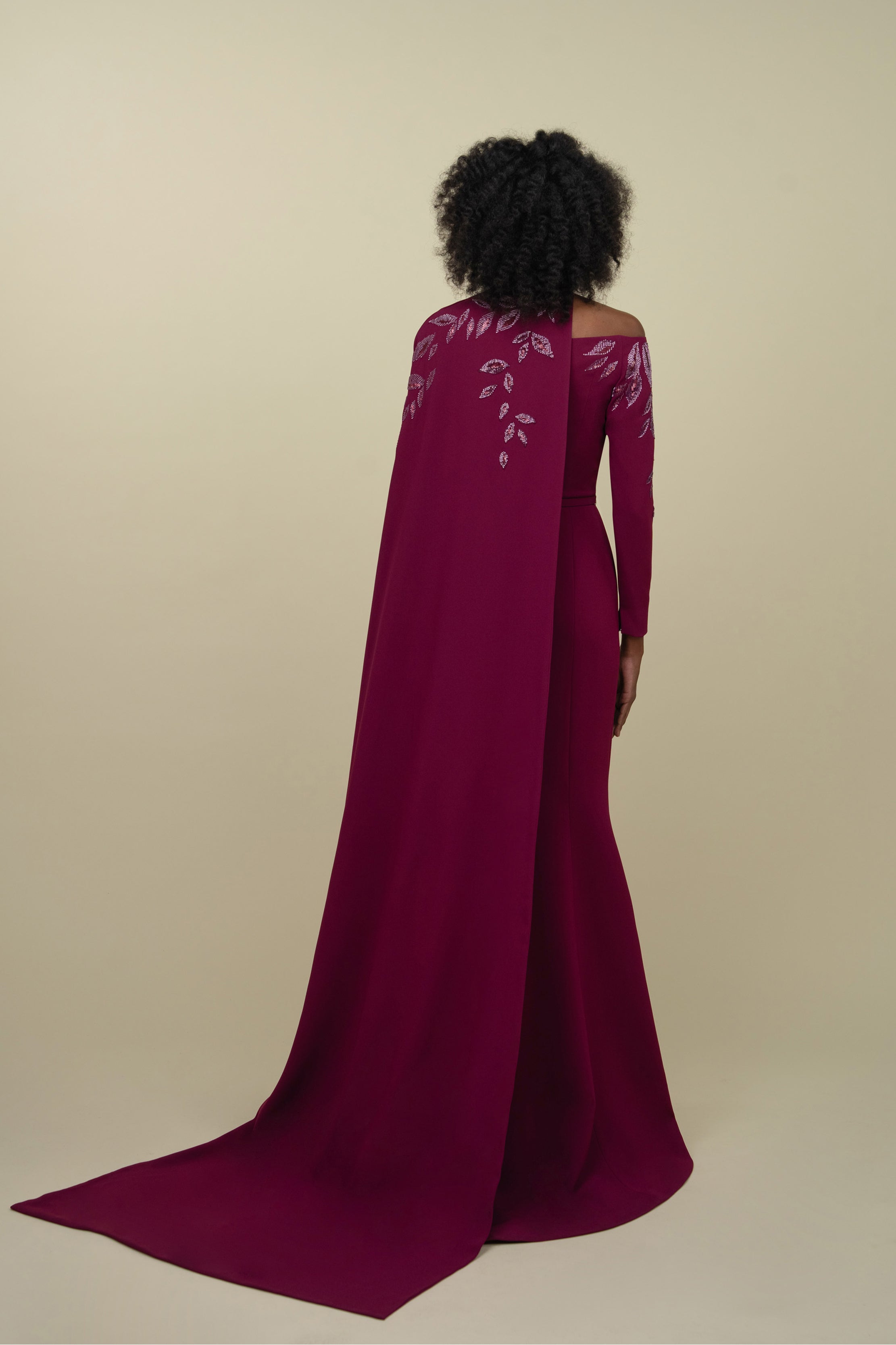 Asymmetrical Off-Shoulder Gown With floor-length cape