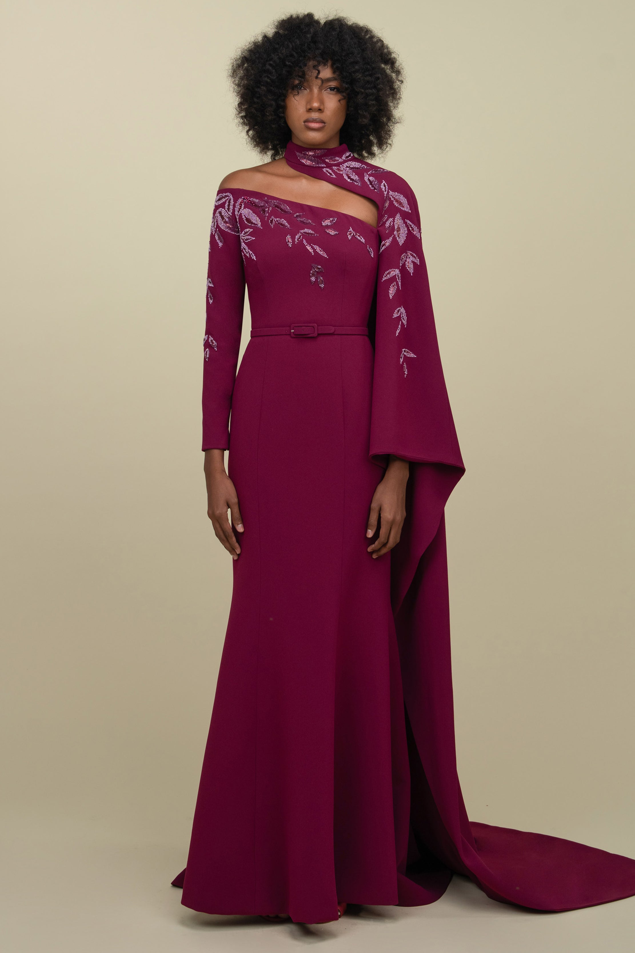 Asymmetrical Off-Shoulder Gown - Luxury Evening Dress | Rami Al Ali Burgundy / FR 46 - Preorder Asymmetrical Off-Shoulder Gown - Luxury Evening Dress | Rami Al Ali Burgundy / FR 46 - Preorder