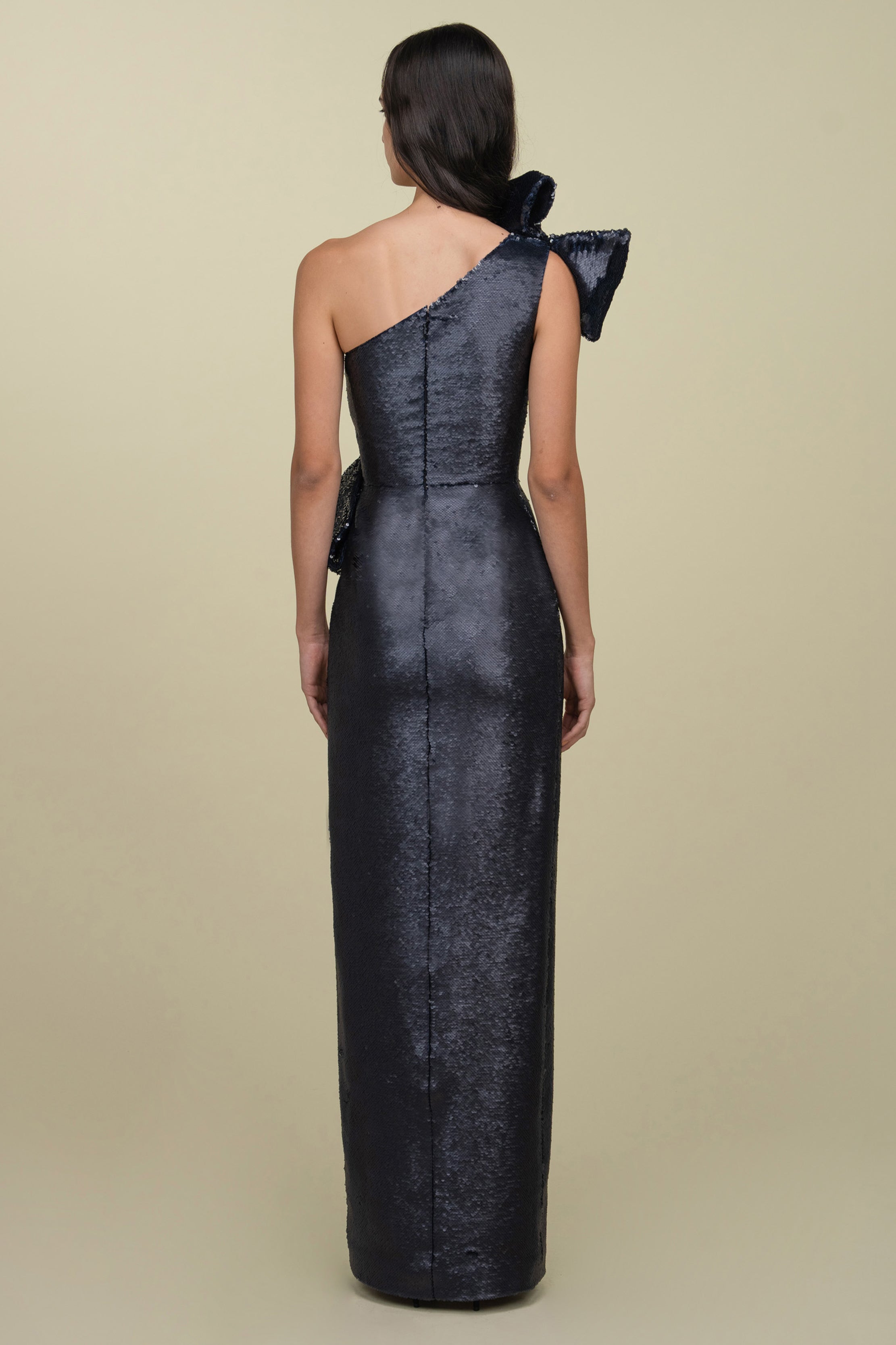 One-Shoulder Sequined Gown With Draped Bows