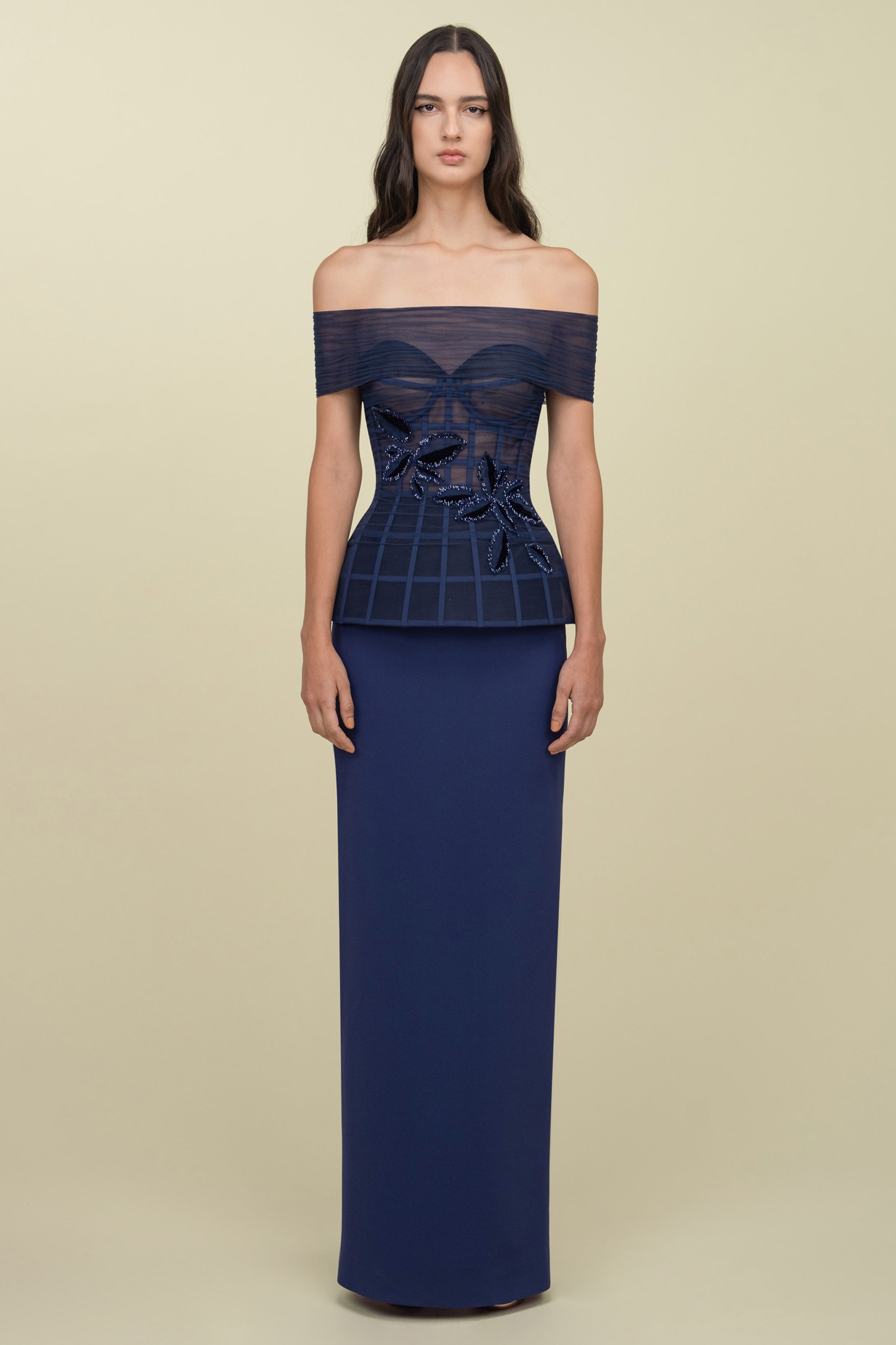 Off-Shoulder Sheer Corset Tubino Gown