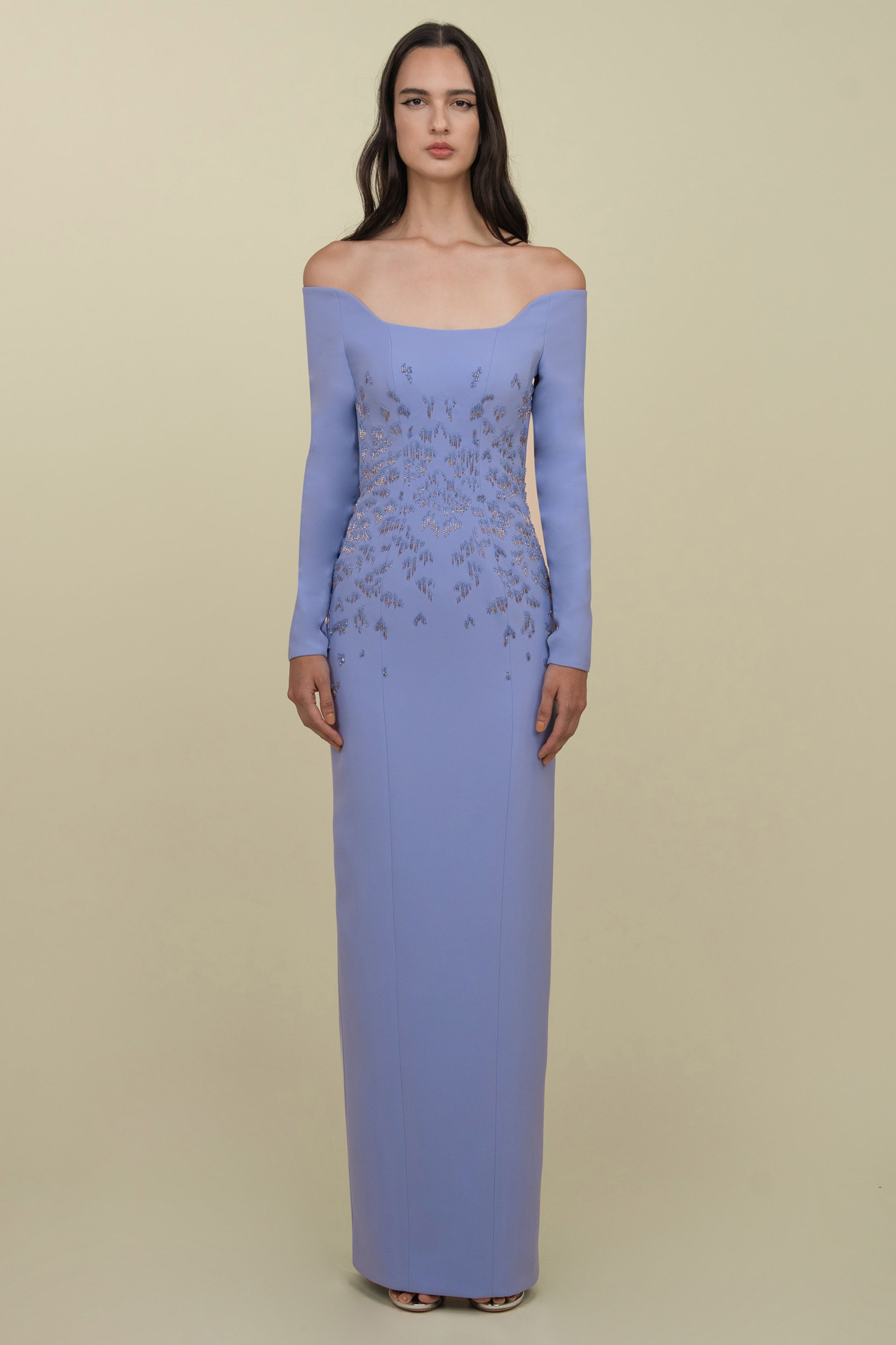 Long-Sleeve Gown With Beaded Waist Detail