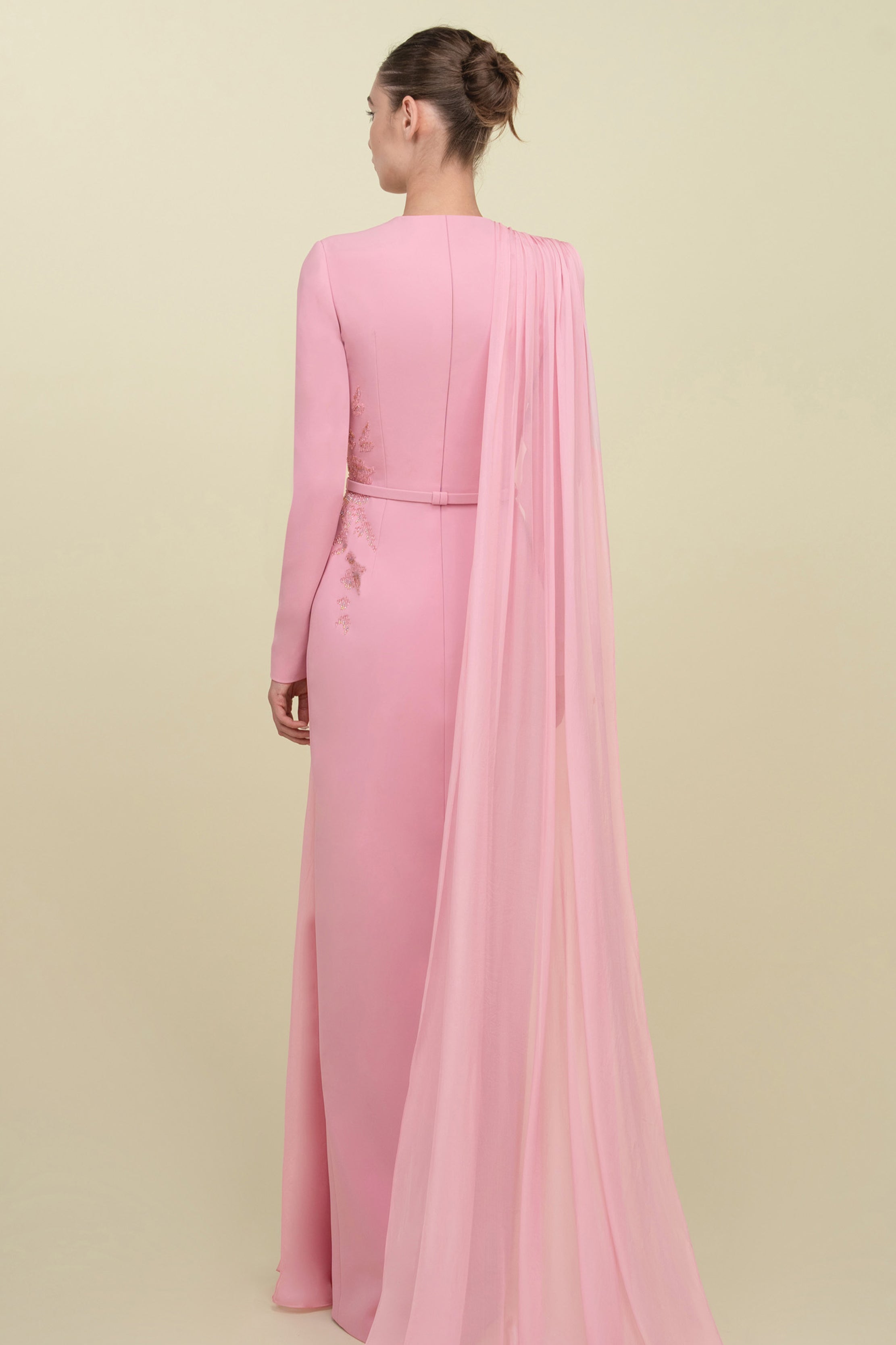 Fitted Gown With Embroidery And Draped Mousseline Overlay